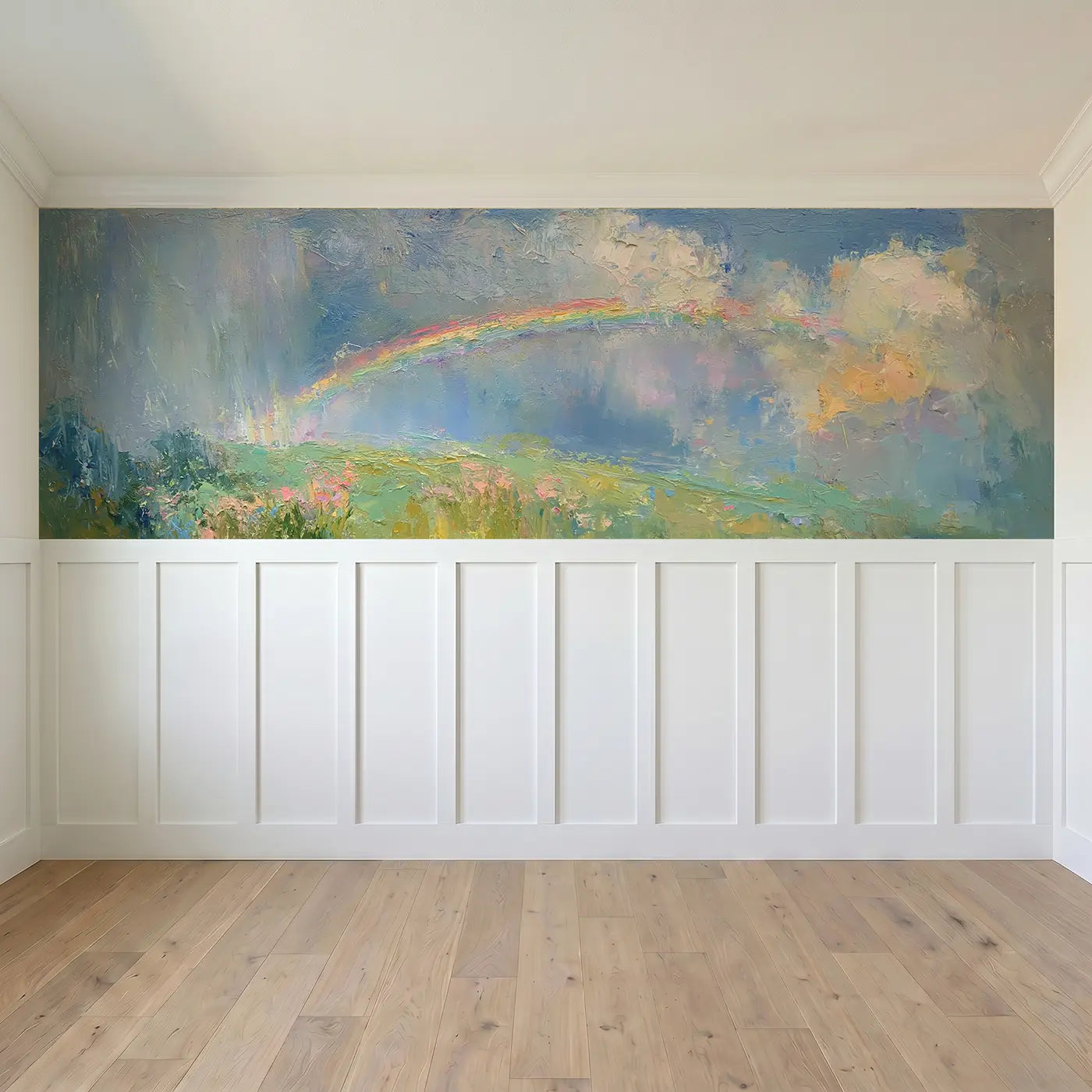 Full panel view of Spring Meadow Rain Rainbow Wainscoting Wallpaper by Whimsy Tots