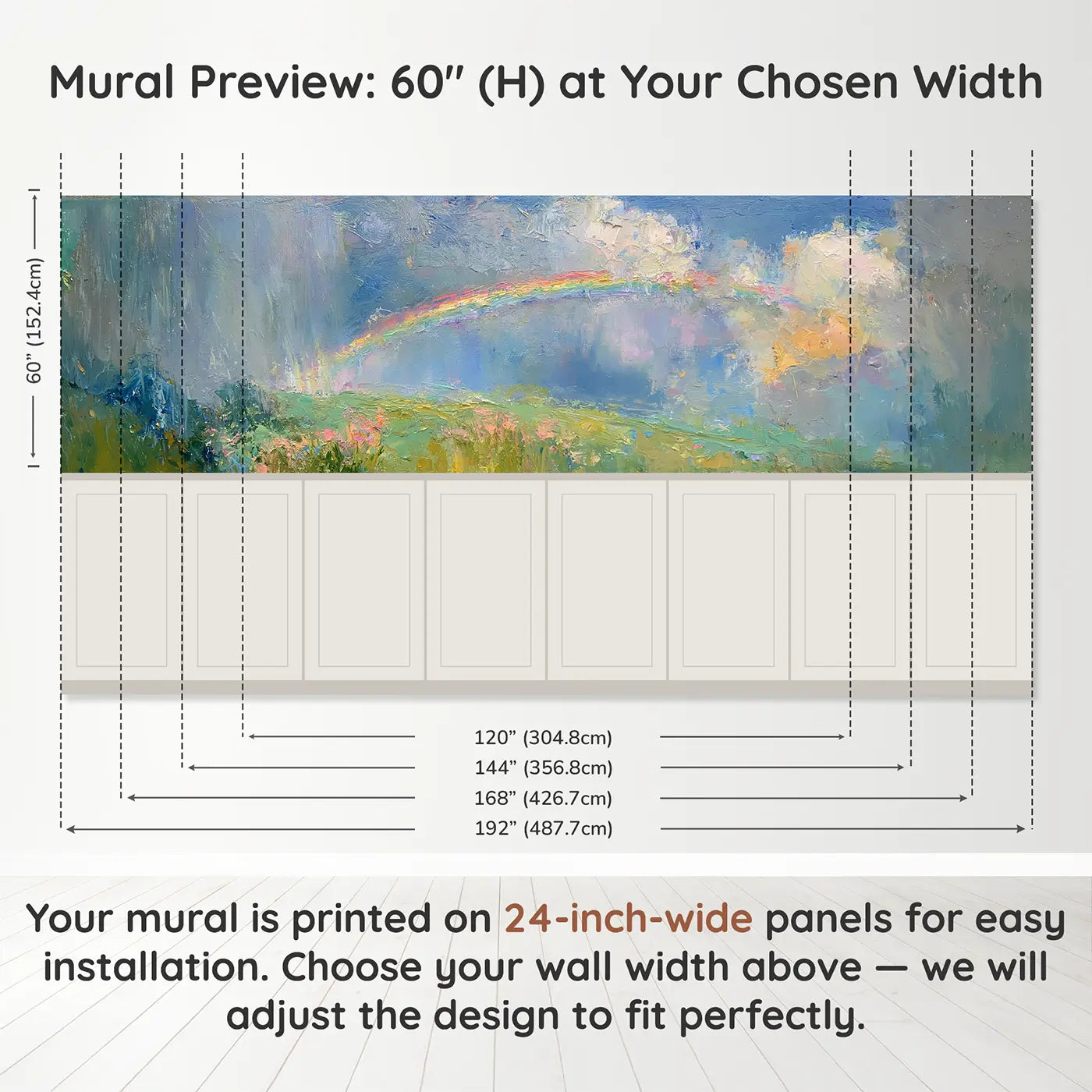 Panel dimensions for Spring Meadow Rain Rainbow Wainscoting Wallpaper by Whimsy Tots