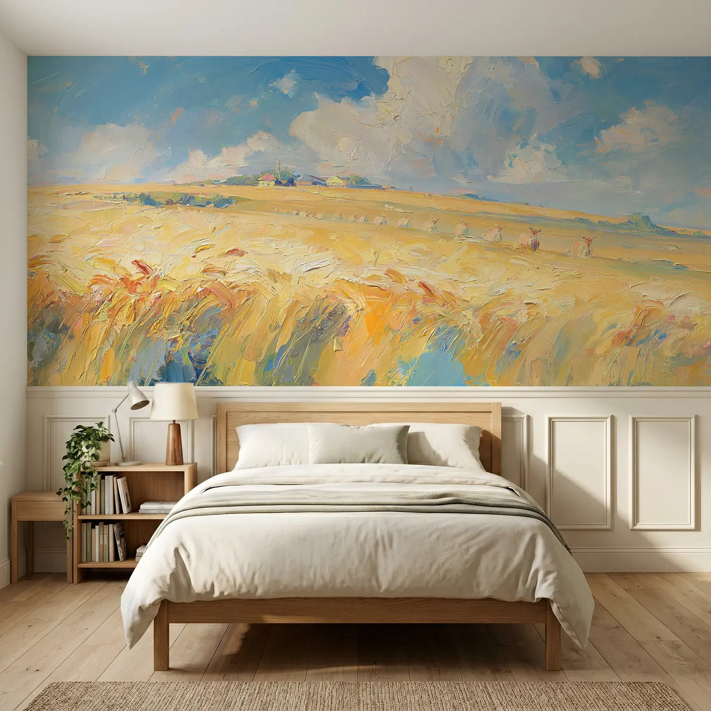 Painted Landscape summer wheat field golden wainscoting wallpaper for bedroom by Whimsy Tots