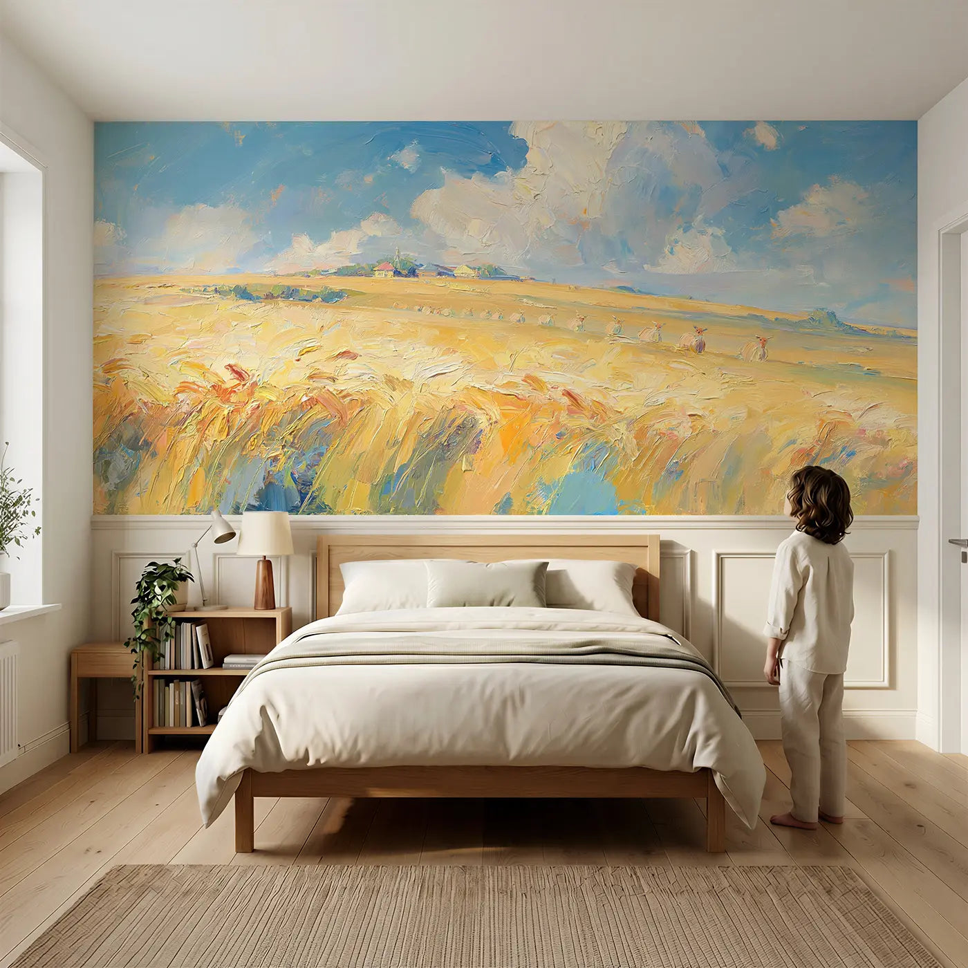 Child reading near Summer Wheat Field Golden Wainscoting Wallpaper by Whimsy Tots