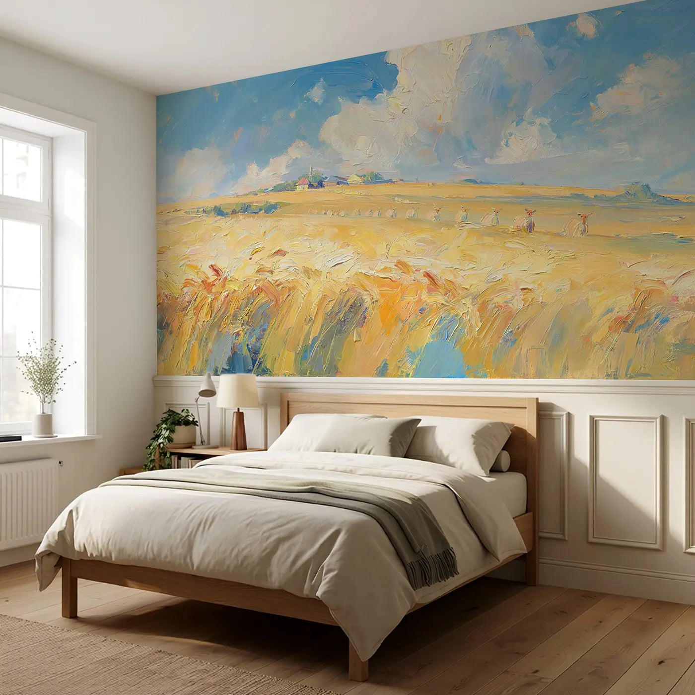 Summer Wheat Field Golden Wainscoting Wallpaper styled in a kids bedroom by Whimsy Tots