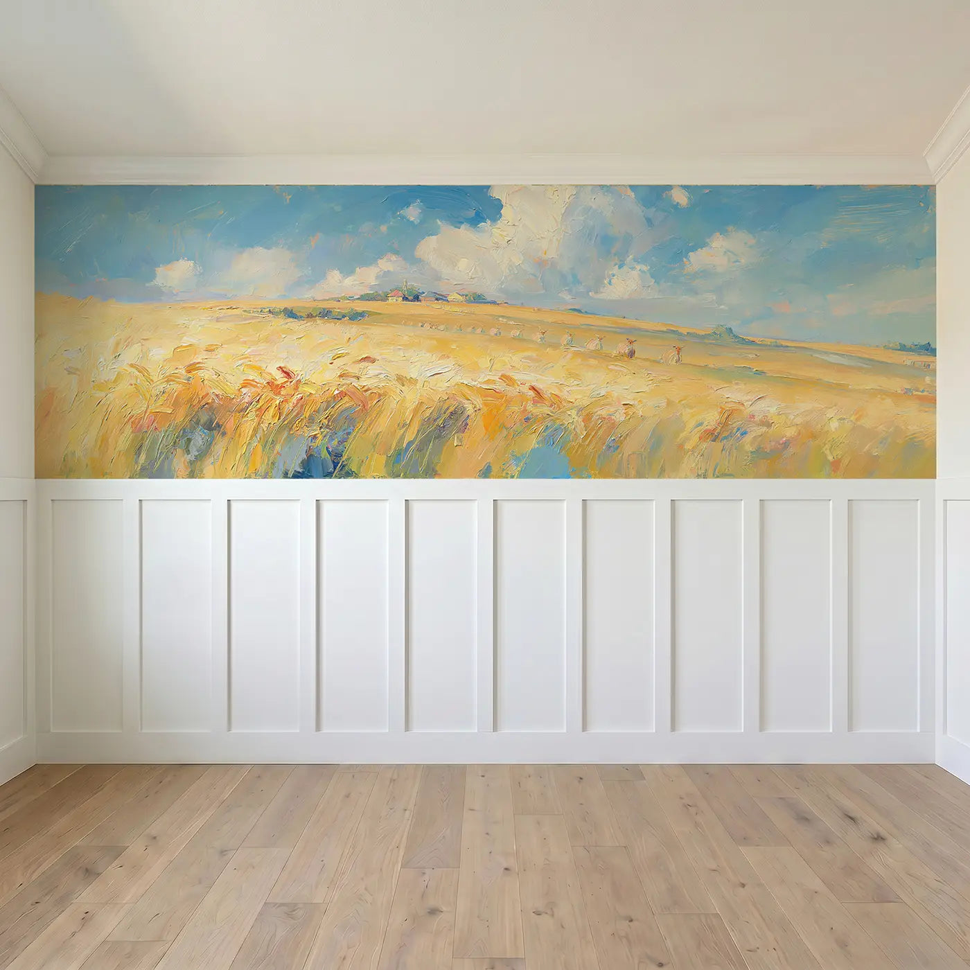 Full panel view of Summer Wheat Field Golden Wainscoting Wallpaper by Whimsy Tots