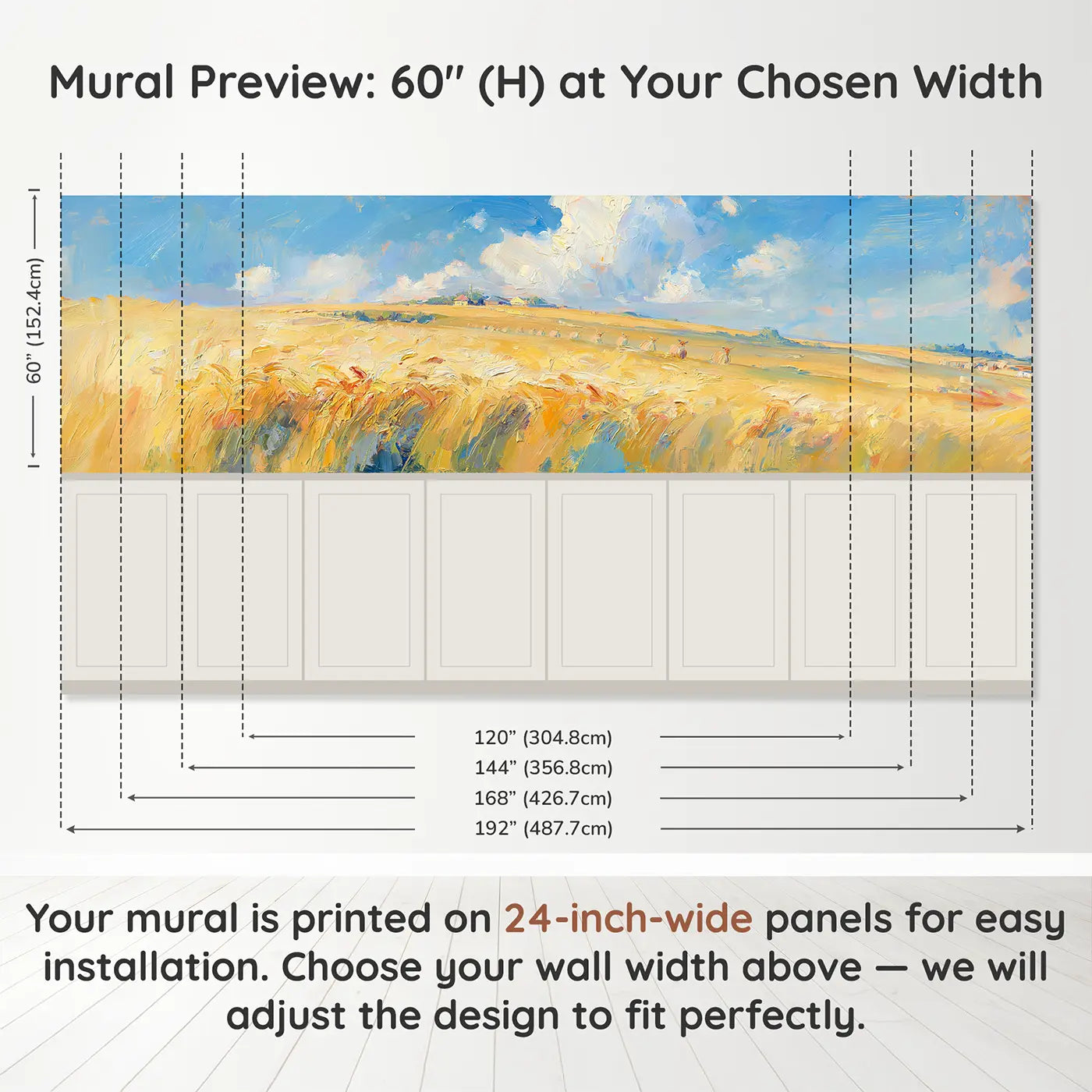 Panel dimensions for Summer Wheat Field Golden Wainscoting Wallpaper by Whimsy Tots