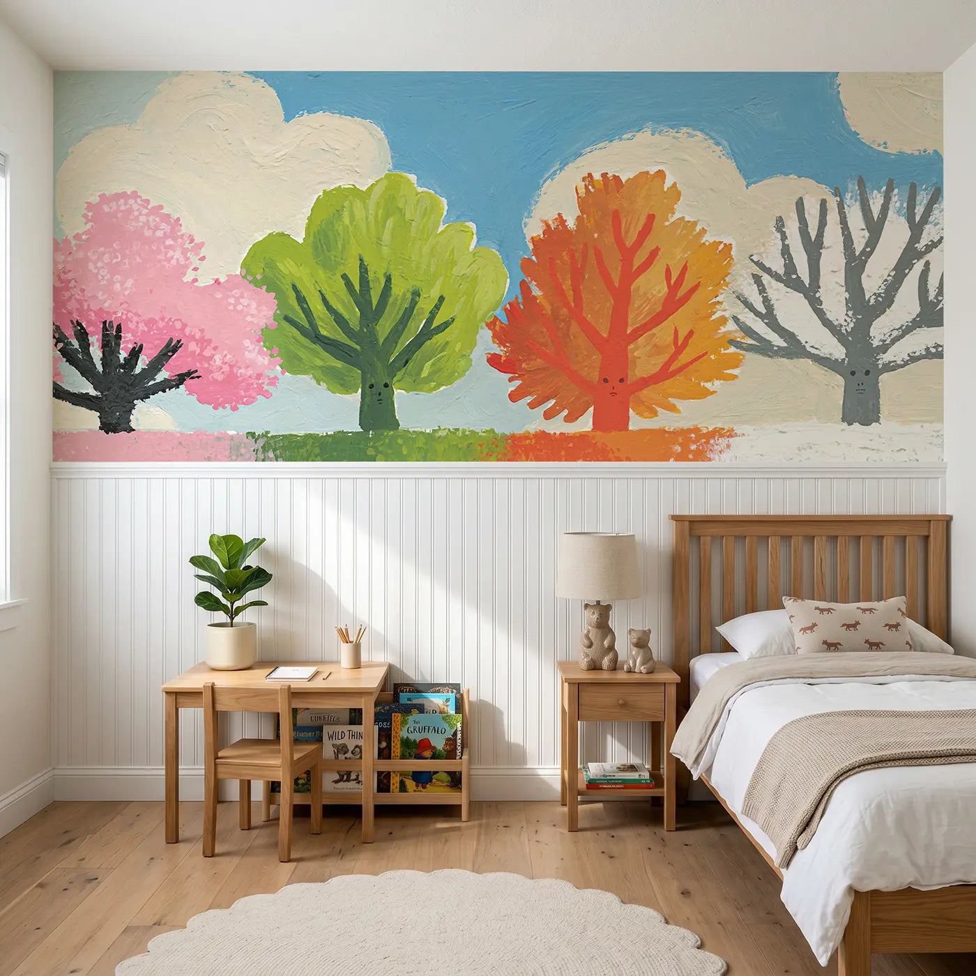 Modern Illustration flat season tree four wainscoting wallpaper for nursery by Whimsy Tots