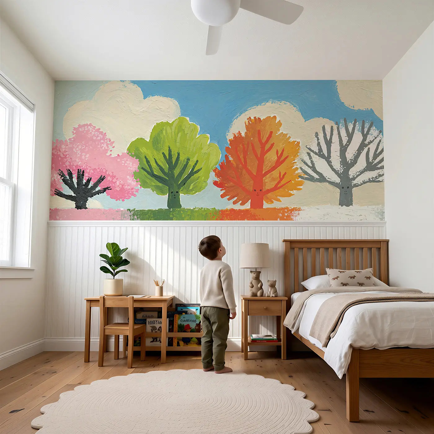 Child reading near Flat Season Tree Four Wainscoting Wallpaper by Whimsy Tots