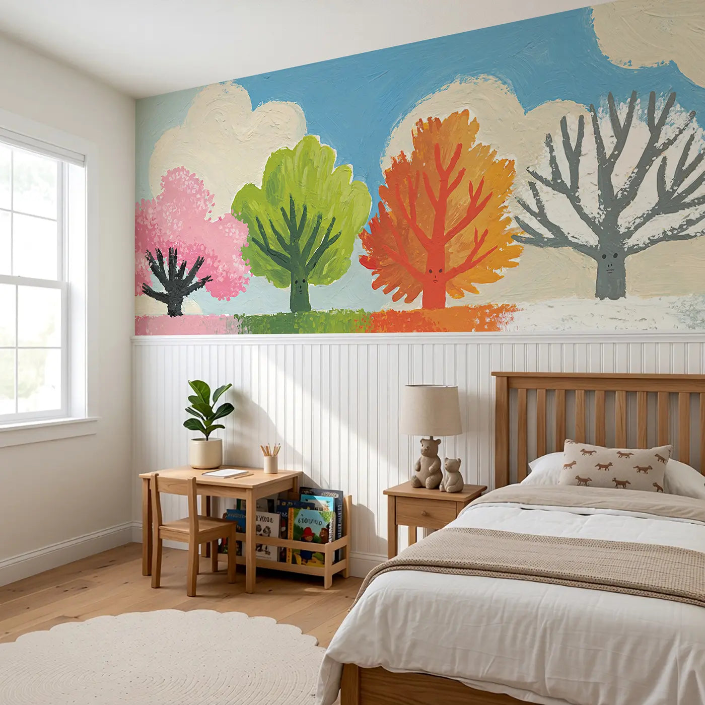 Flat Season Tree Four Wainscoting Wallpaper styled in a kids bedroom by Whimsy Tots