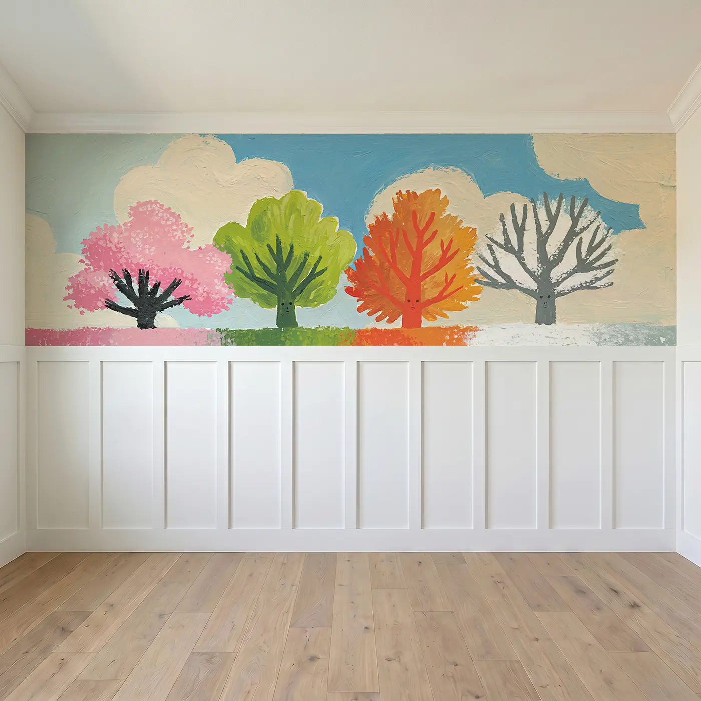Full panel view of Flat Season Tree Four Wainscoting Wallpaper by Whimsy Tots