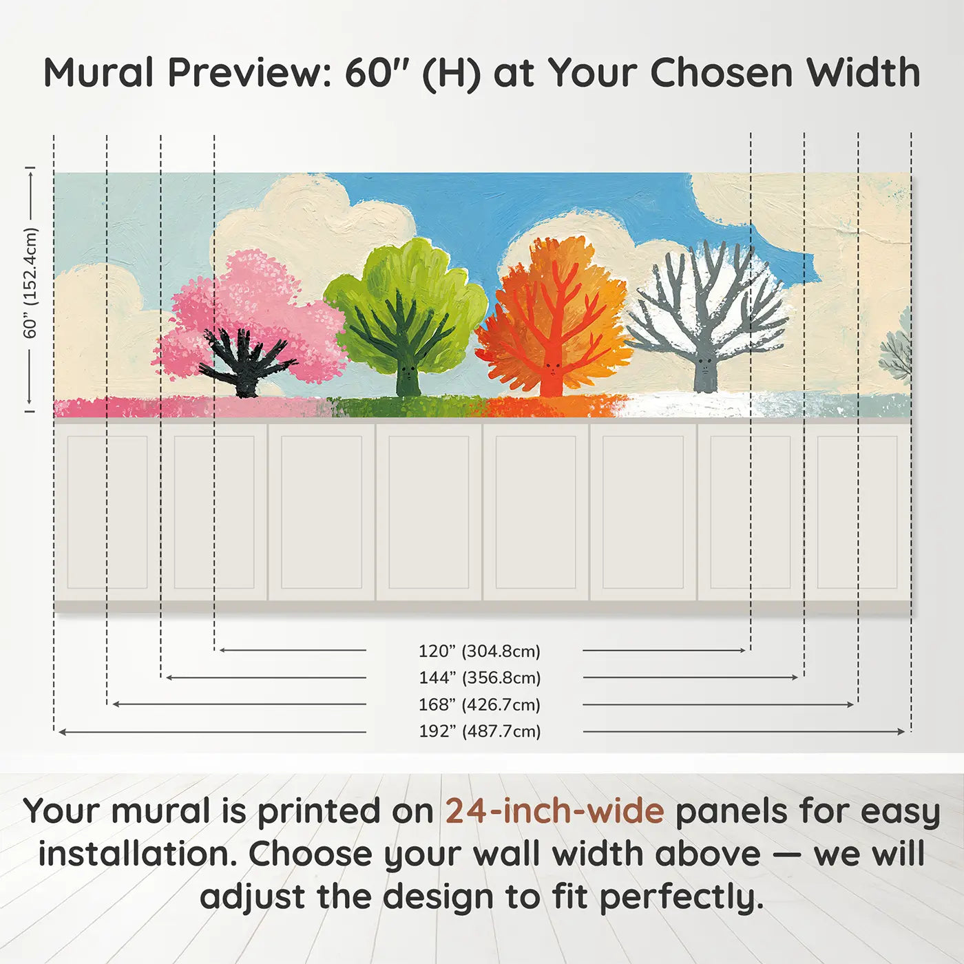 Panel dimensions for Flat Season Tree Four Wainscoting Wallpaper by Whimsy Tots