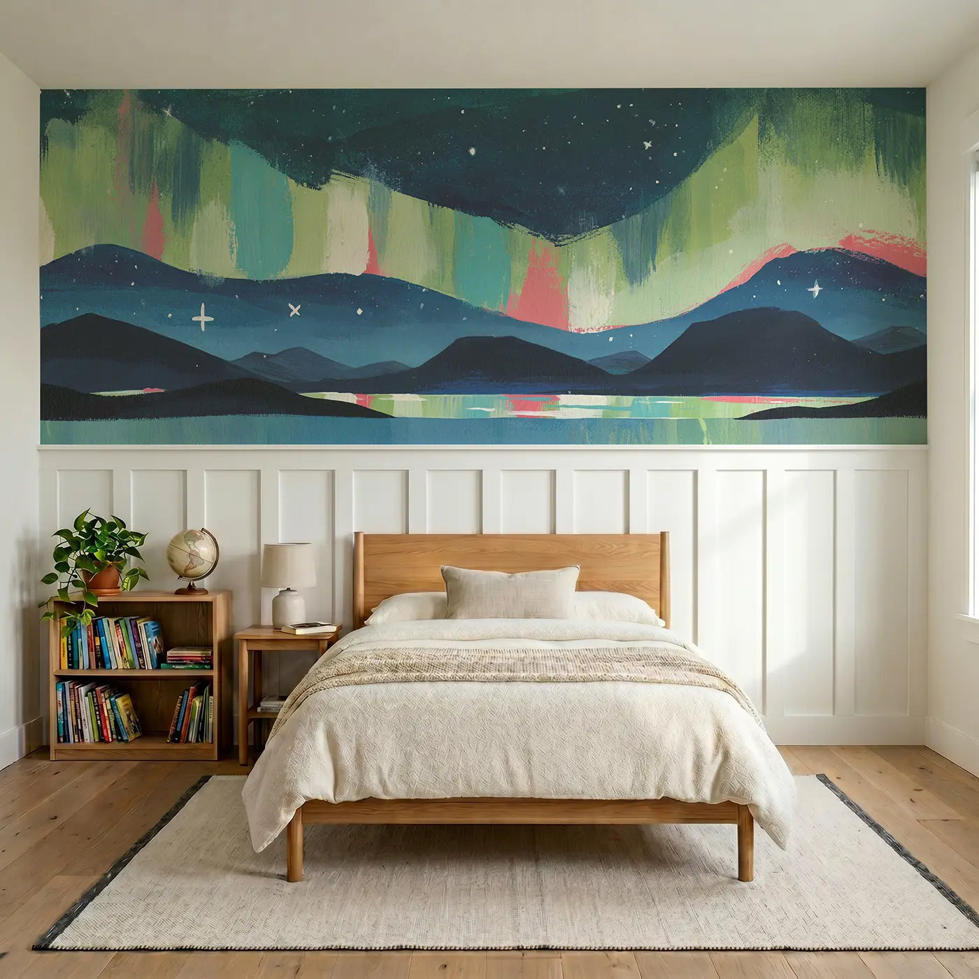 Modern Illustration graphic aurora band night wainscoting wallpaper for bedroom by Whimsy Tots