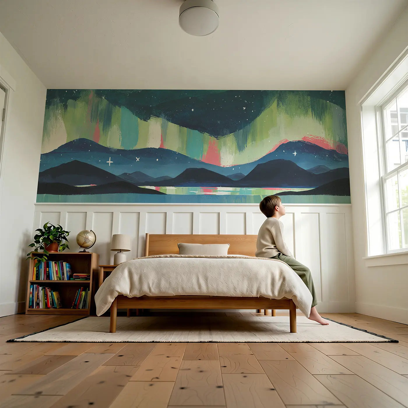 Child reading near Graphic Aurora Band Night Wainscoting Wallpaper by Whimsy Tots