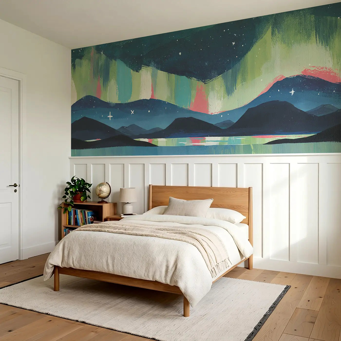 Graphic Aurora Band Night Wainscoting Wallpaper styled in a kids bedroom by Whimsy Tots