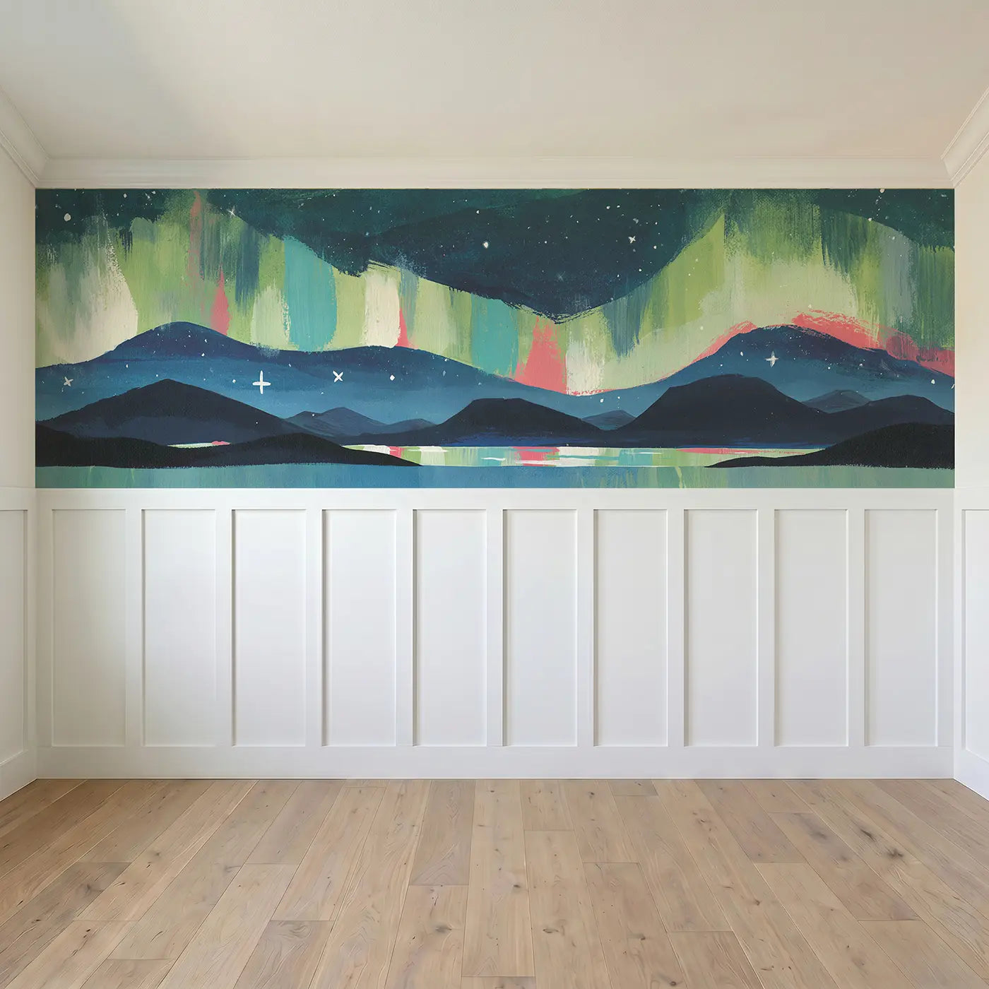 Full panel view of Graphic Aurora Band Night Wainscoting Wallpaper by Whimsy Tots
