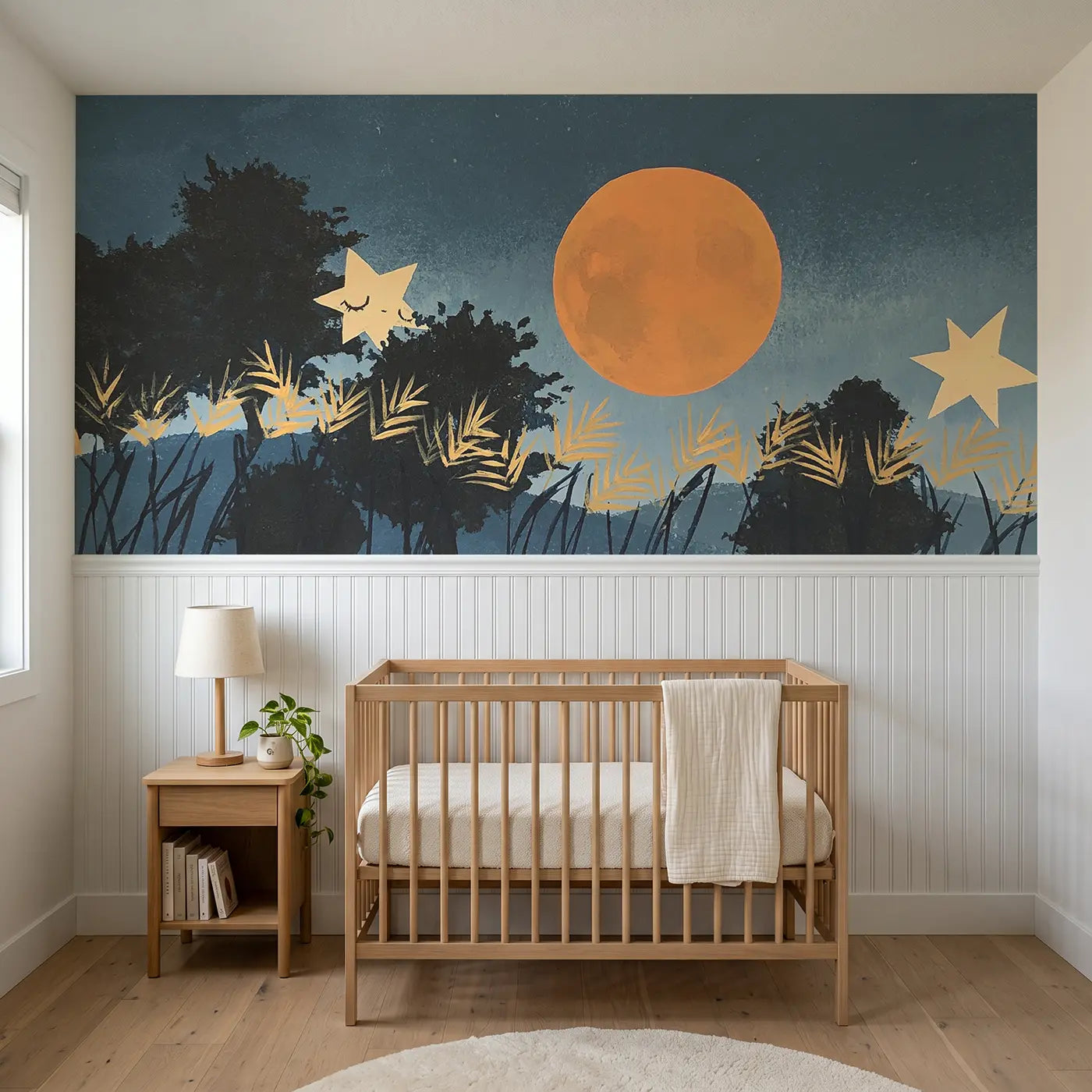 Modern Illustration bold harvest moon flat wainscoting wallpaper for nursery by Whimsy Tots