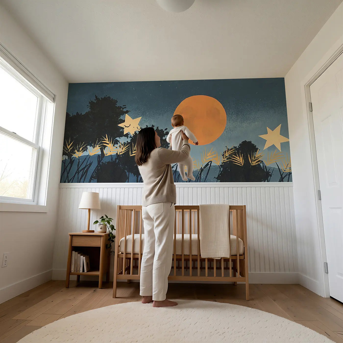 Child reading near Bold Harvest Moon Flat Wainscoting Wallpaper by Whimsy Tots