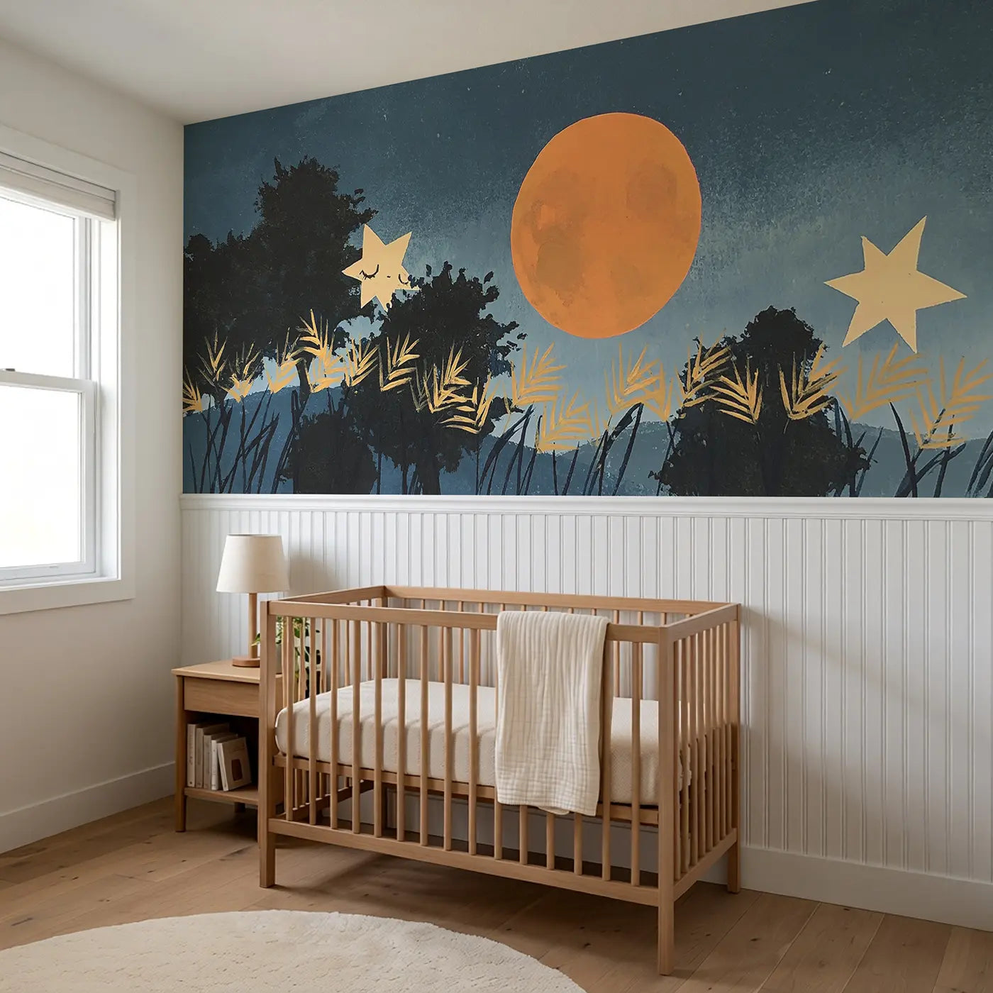 Bold Harvest Moon Flat Wainscoting Wallpaper styled in a kids bedroom by Whimsy Tots