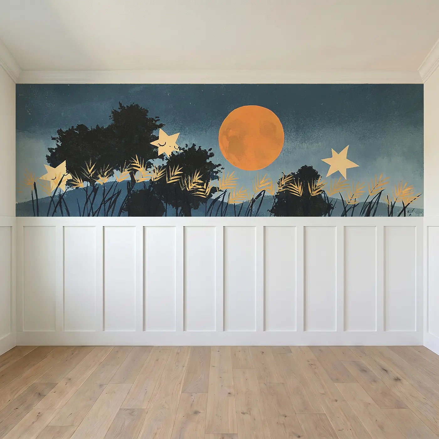 Full panel view of Bold Harvest Moon Flat Wainscoting Wallpaper by Whimsy Tots