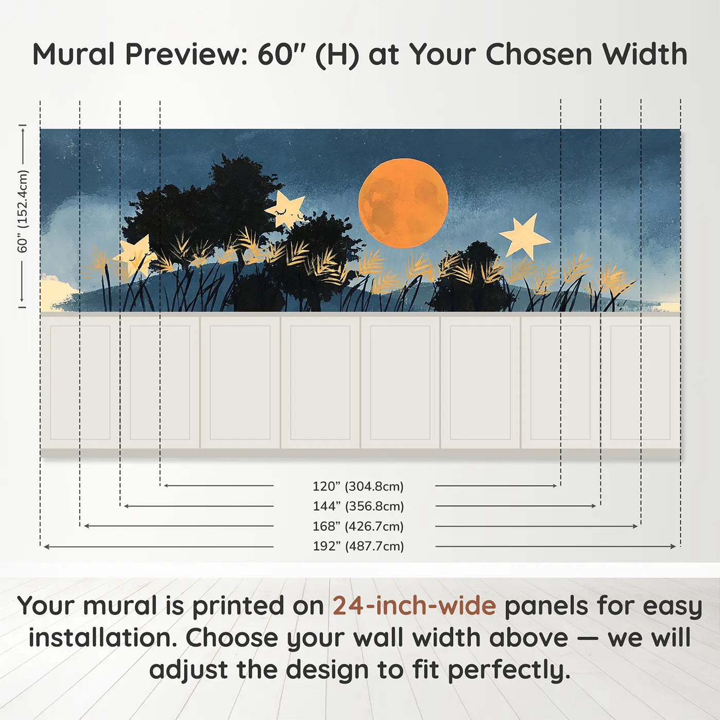 Panel dimensions for Bold Harvest Moon Flat Wainscoting Wallpaper by Whimsy Tots