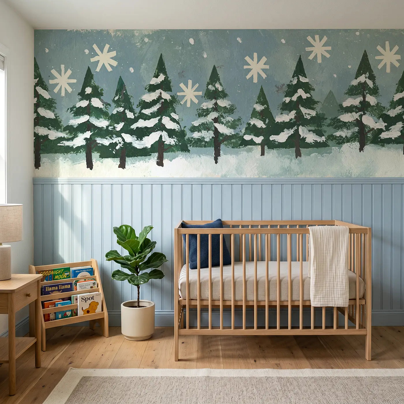 Modern Illustration flat snowfall pine graphic wainscoting wallpaper for nursery by Whimsy Tots