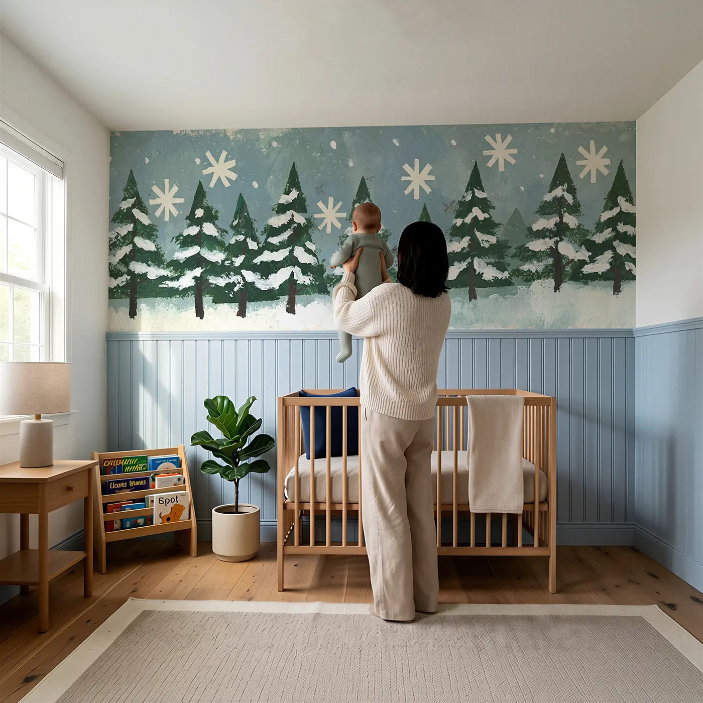 Child reading near Flat Snowfall Pine Graphic Wainscoting Wallpaper by Whimsy Tots