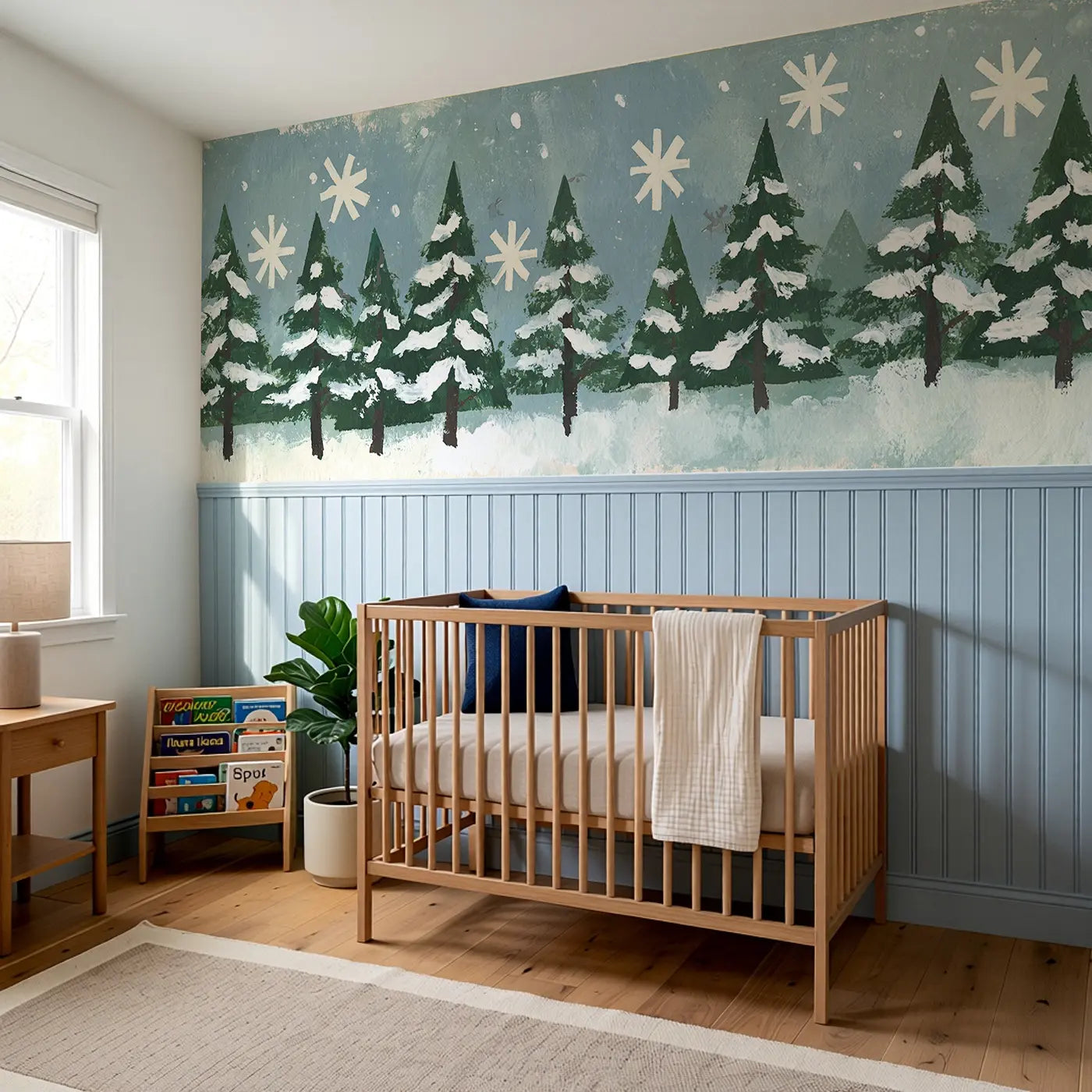 Flat Snowfall Pine Graphic Wainscoting Wallpaper styled in a kids bedroom by Whimsy Tots