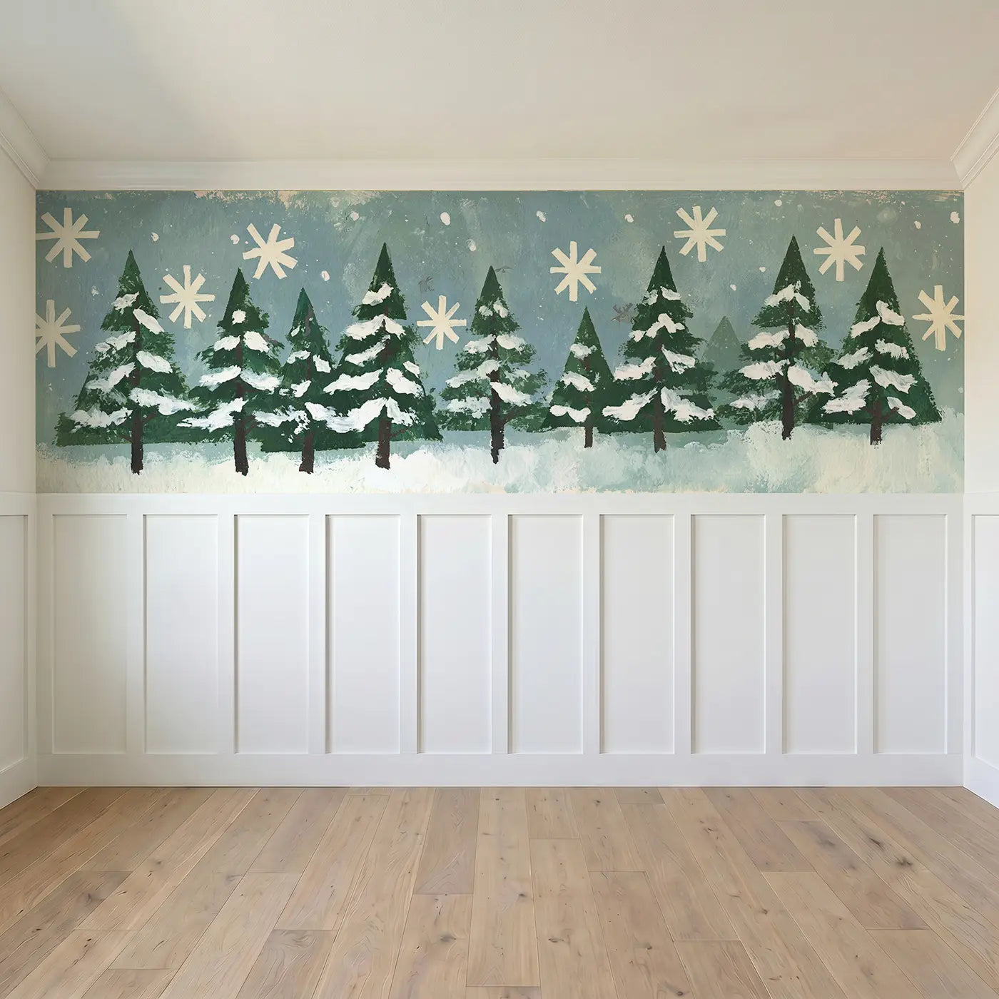 Full panel view of Flat Snowfall Pine Graphic Wainscoting Wallpaper by Whimsy Tots