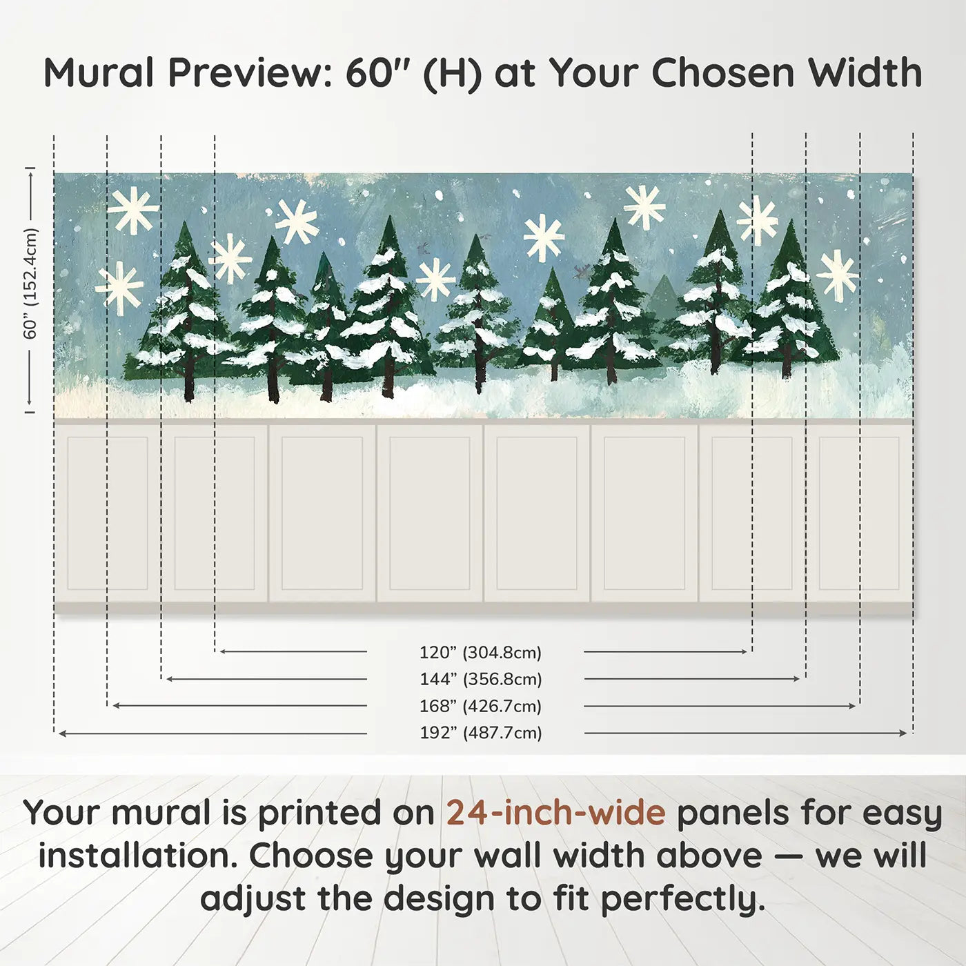 Panel dimensions for Flat Snowfall Pine Graphic Wainscoting Wallpaper by Whimsy Tots
