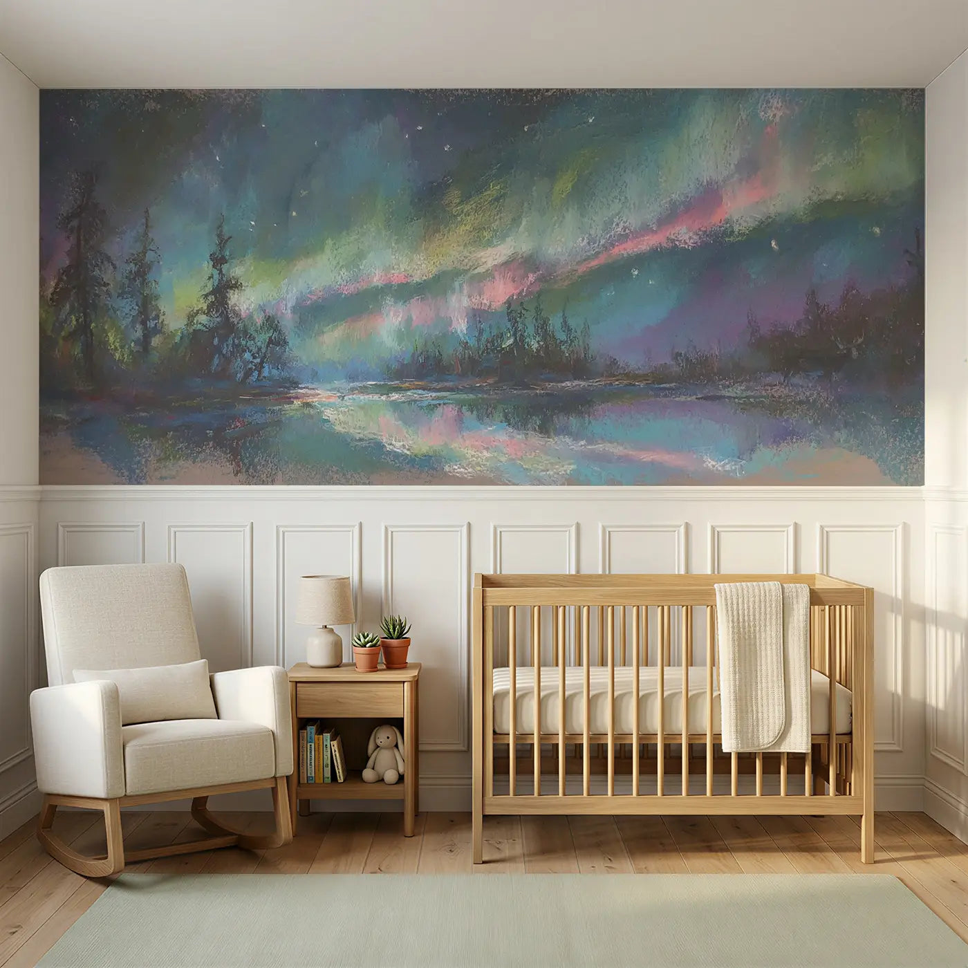 Soft Pastel chalk aurora dream wainscoting wallpaper for bedroom by Whimsy Tots