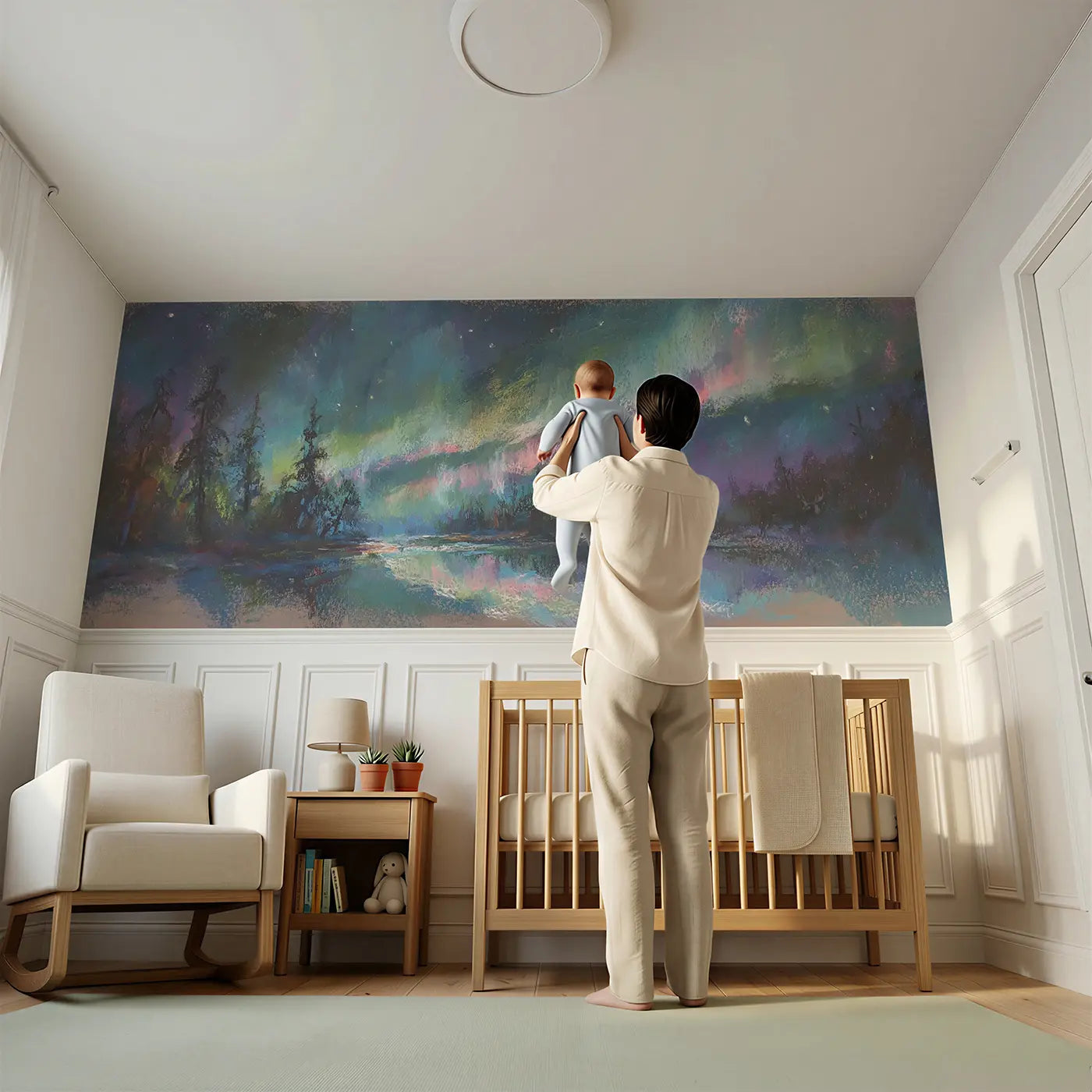 Child reading near Chalk Aurora Dream Soft Wainscoting Wallpaper by Whimsy Tots