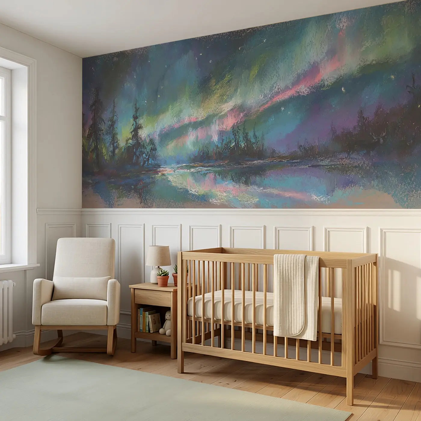 Chalk Aurora Dream Soft Wainscoting Wallpaper styled in a kids bedroom by Whimsy Tots