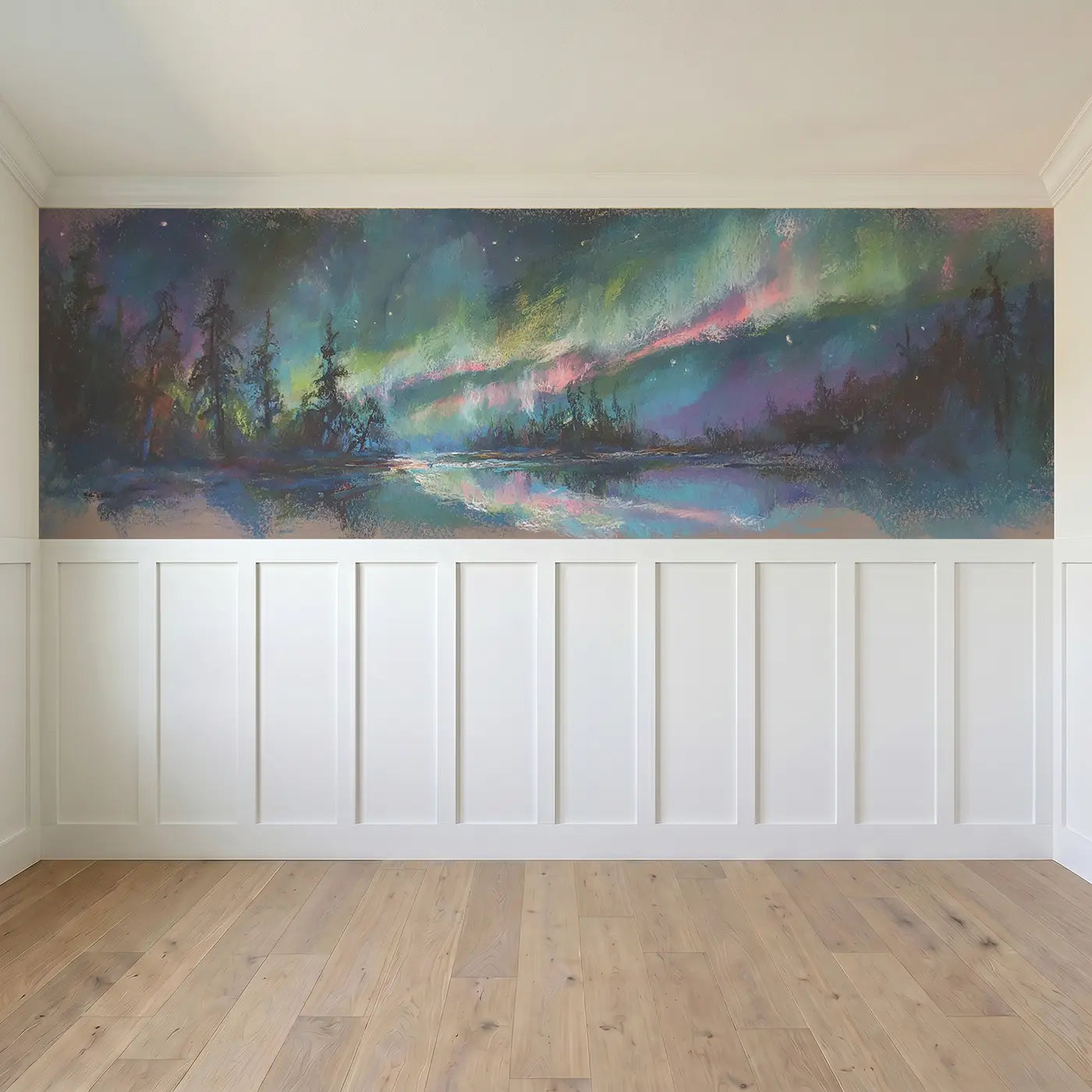 Full panel view of Chalk Aurora Dream Soft Wainscoting Wallpaper by Whimsy Tots