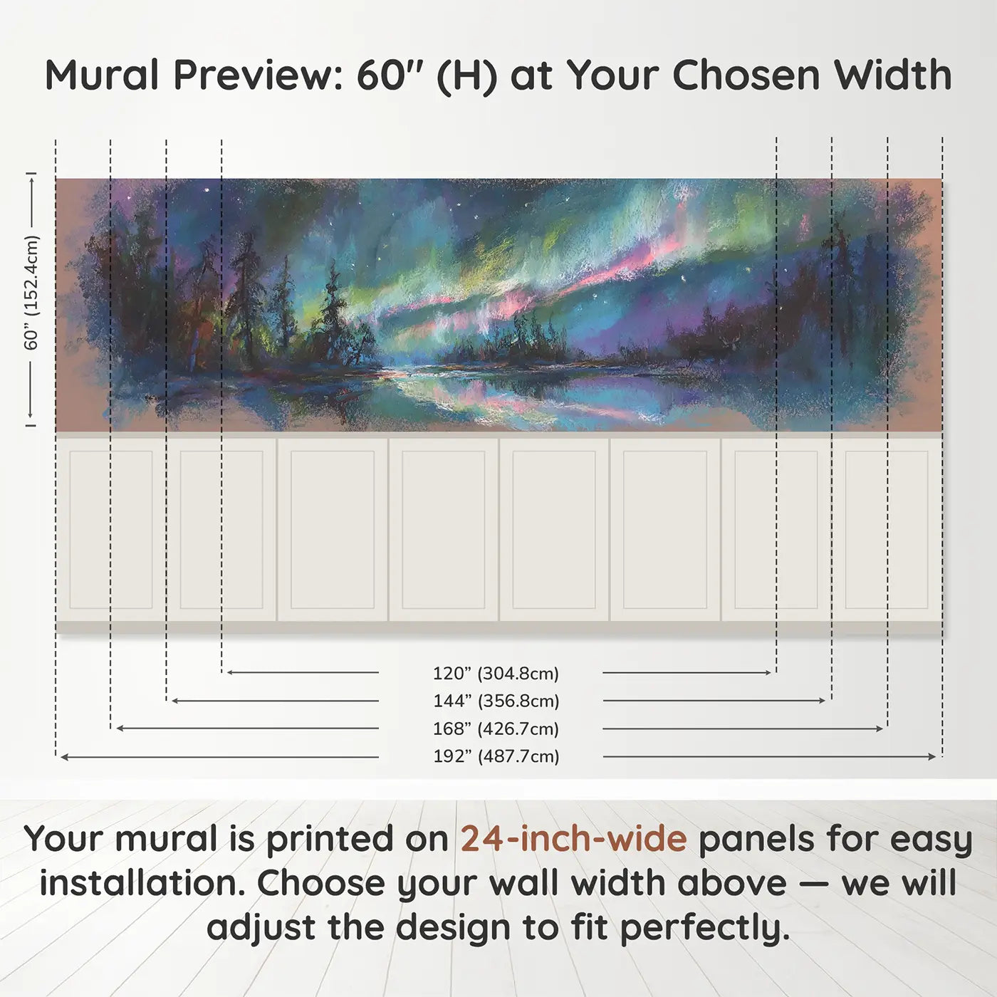 Panel dimensions for Chalk Aurora Dream Soft Wainscoting Wallpaper by Whimsy Tots