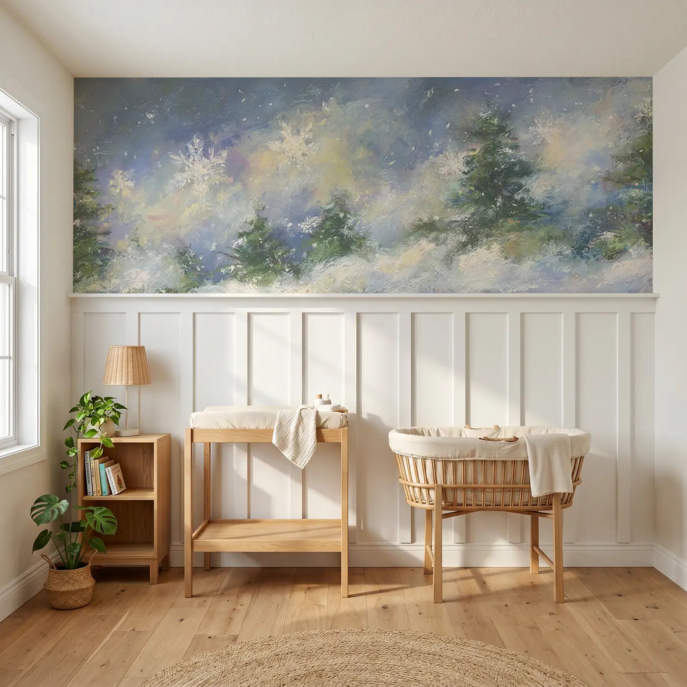 Soft Pastel snowflake gentle fall wainscoting wallpaper for nursery by Whimsy Tots
