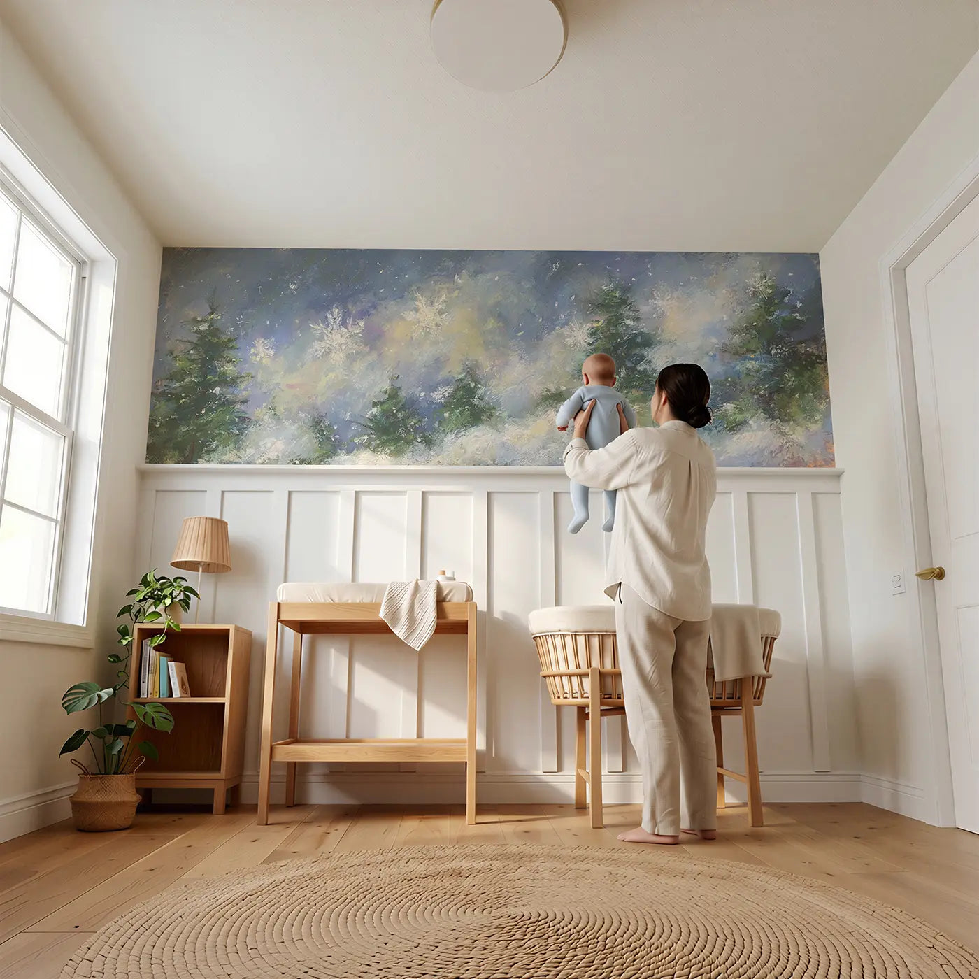 Child reading near Pastel Snowflake Gentle Fall Wainscoting Wallpaper by Whimsy Tots