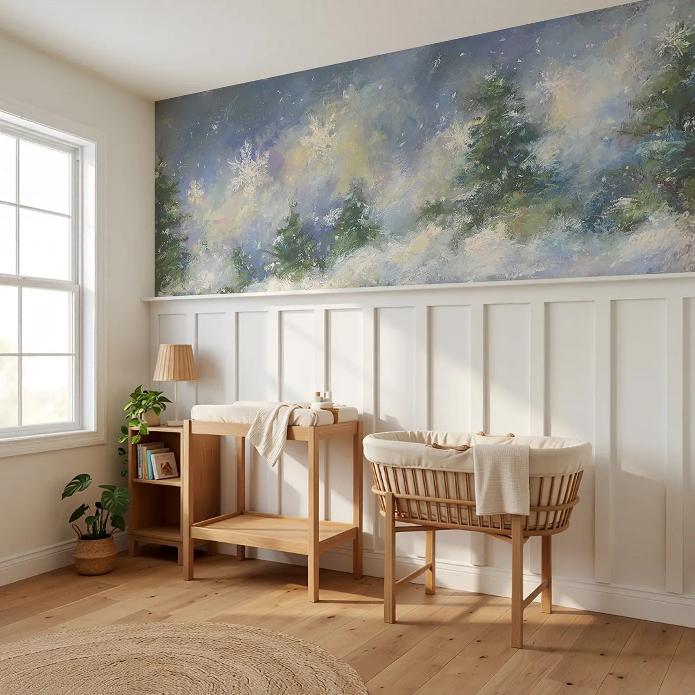 Pastel Snowflake Gentle Fall Wainscoting Wallpaper styled in a kids bedroom by Whimsy Tots