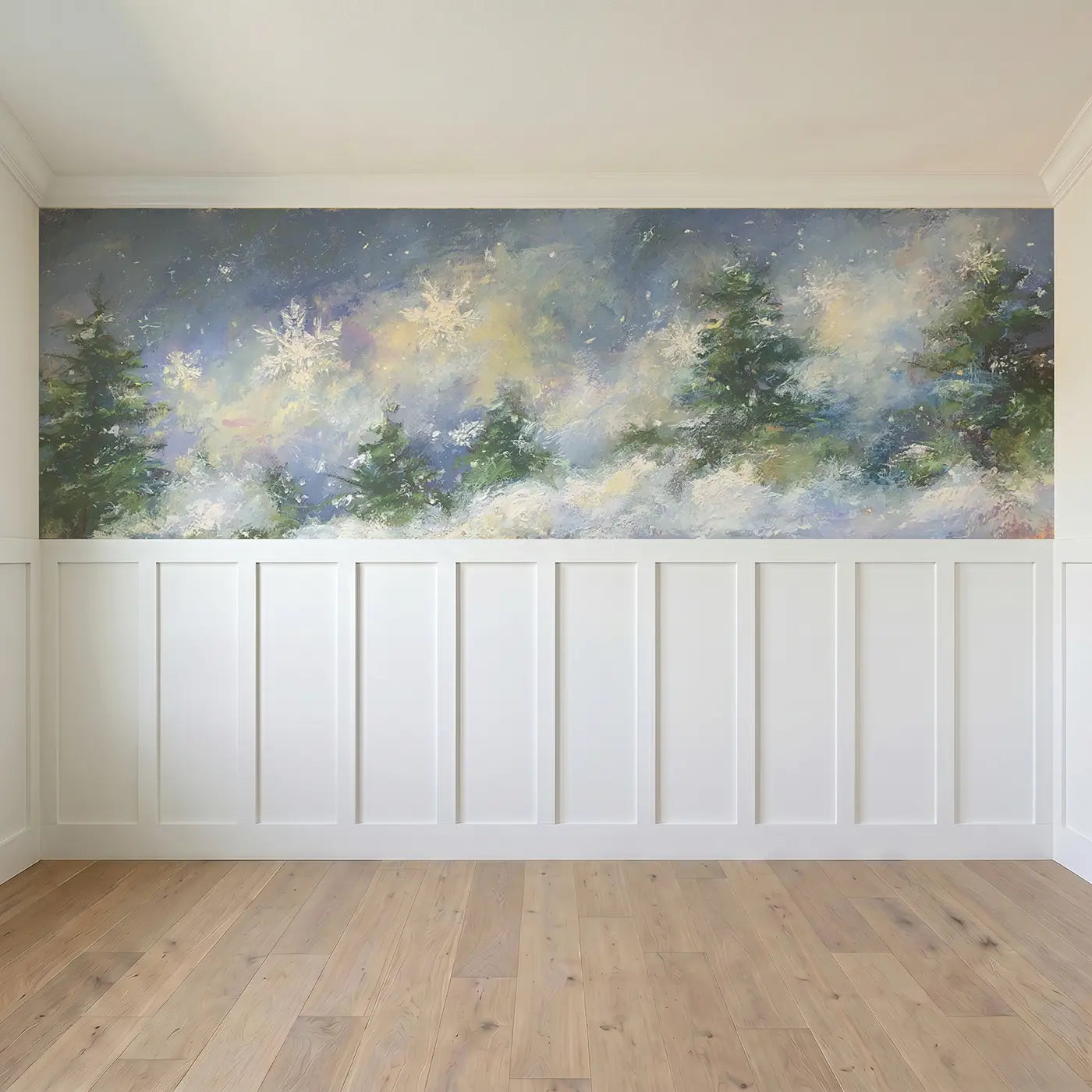 Full panel view of Pastel Snowflake Gentle Fall Wainscoting Wallpaper by Whimsy Tots