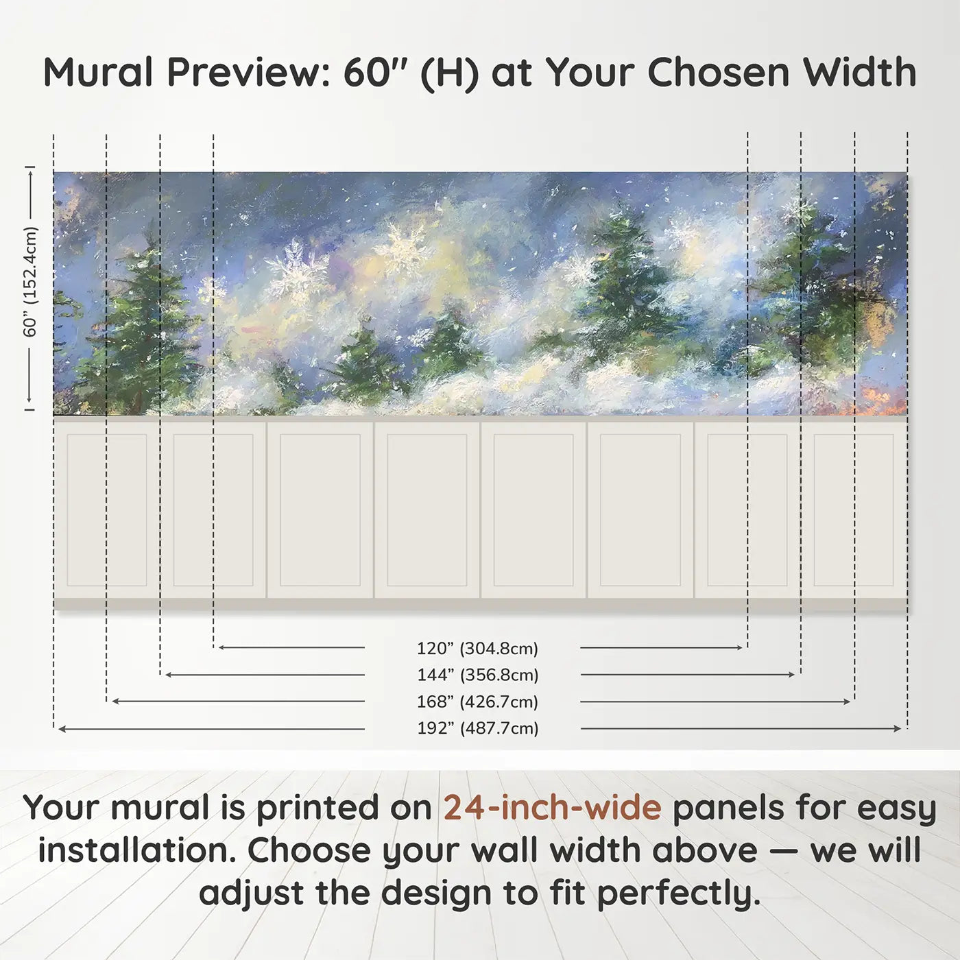 Panel dimensions for Pastel Snowflake Gentle Fall Wainscoting Wallpaper by Whimsy Tots