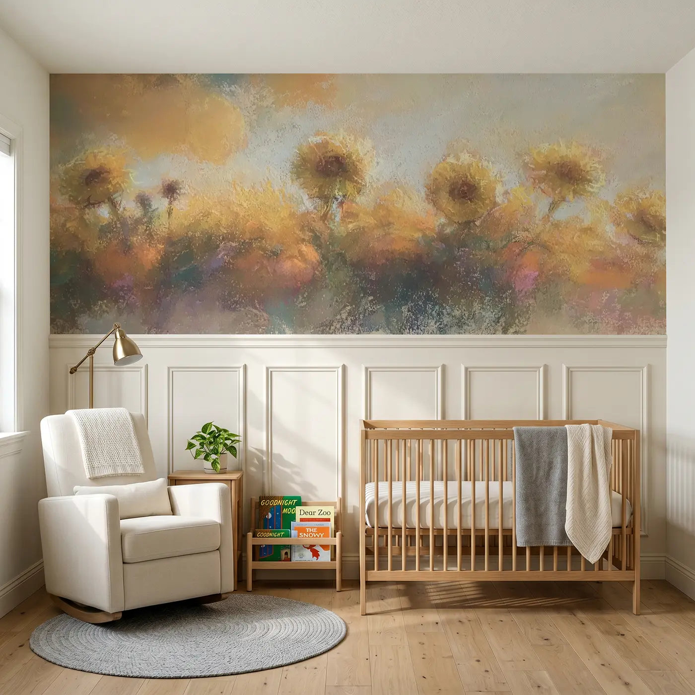 Soft Pastel chalk autumn harvest glow wainscoting wallpaper for nursery by Whimsy Tots