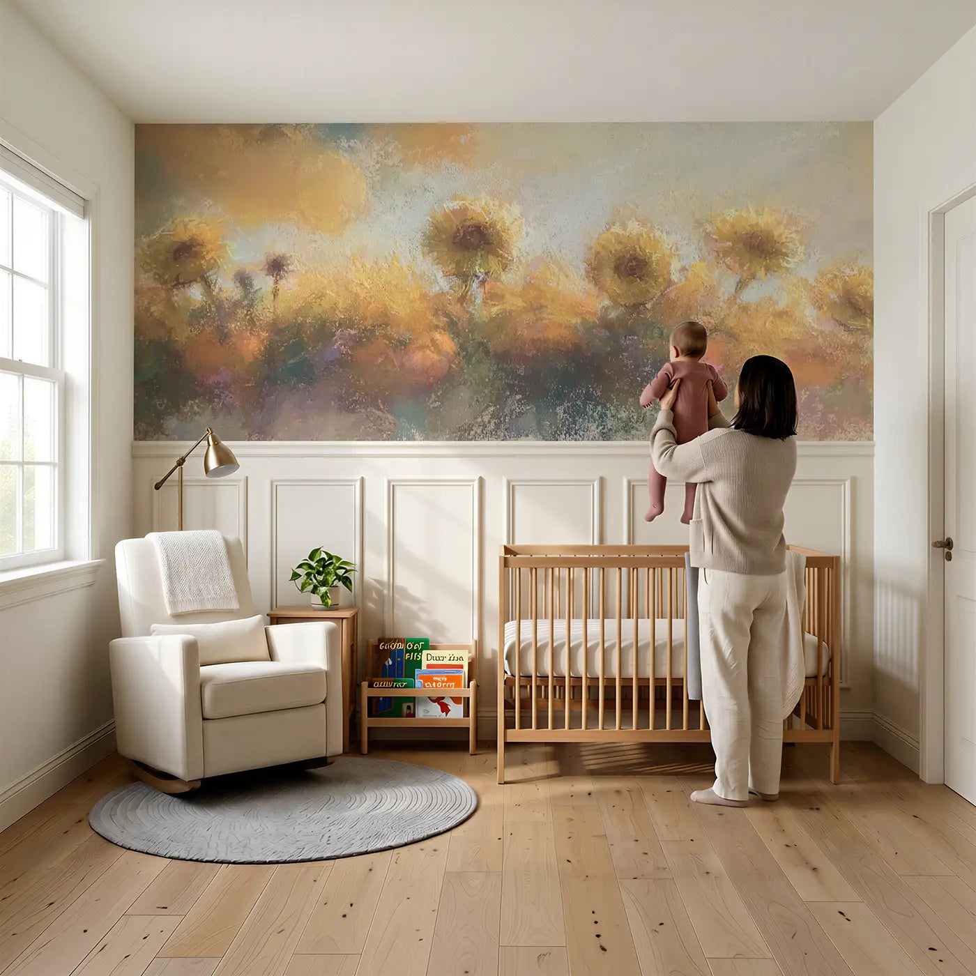 Child reading near Chalk Autumn Harvest Glow Wainscoting Wallpaper by Whimsy Tots