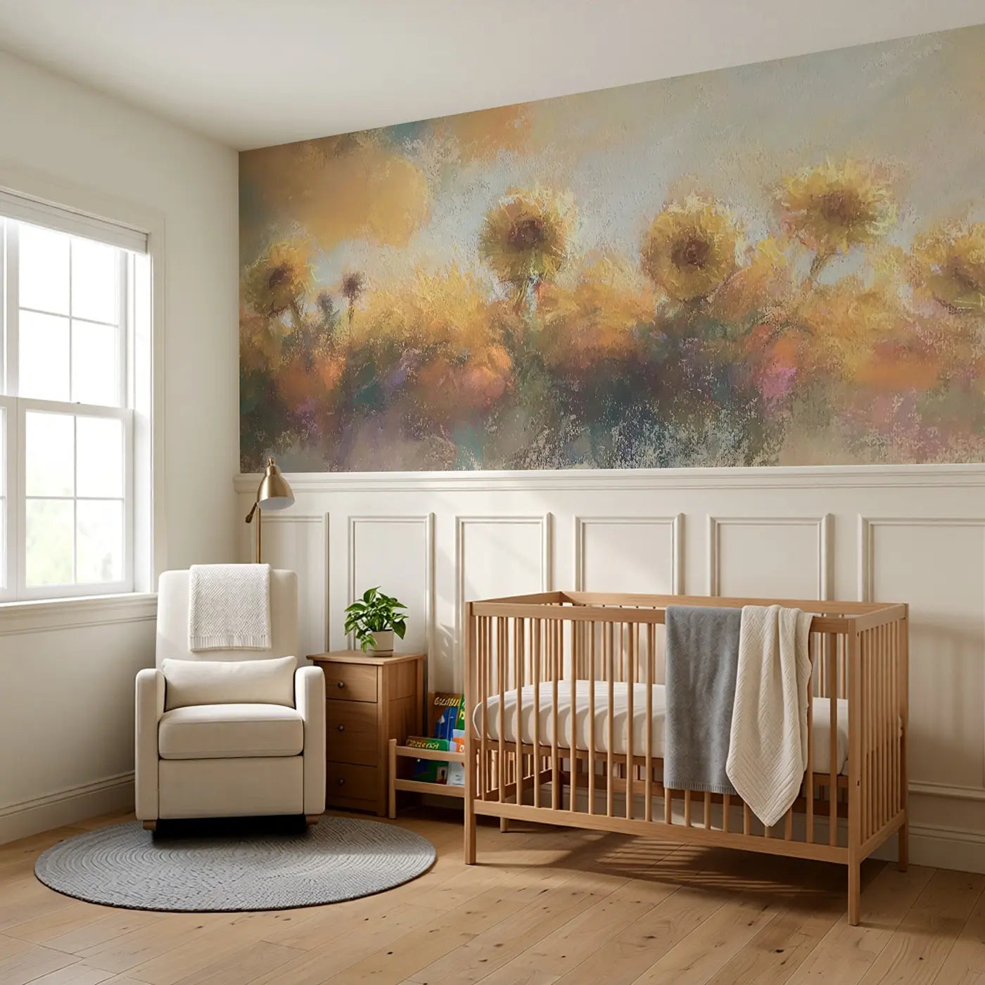 Chalk Autumn Harvest Glow Wainscoting Wallpaper styled in a kids bedroom by Whimsy Tots