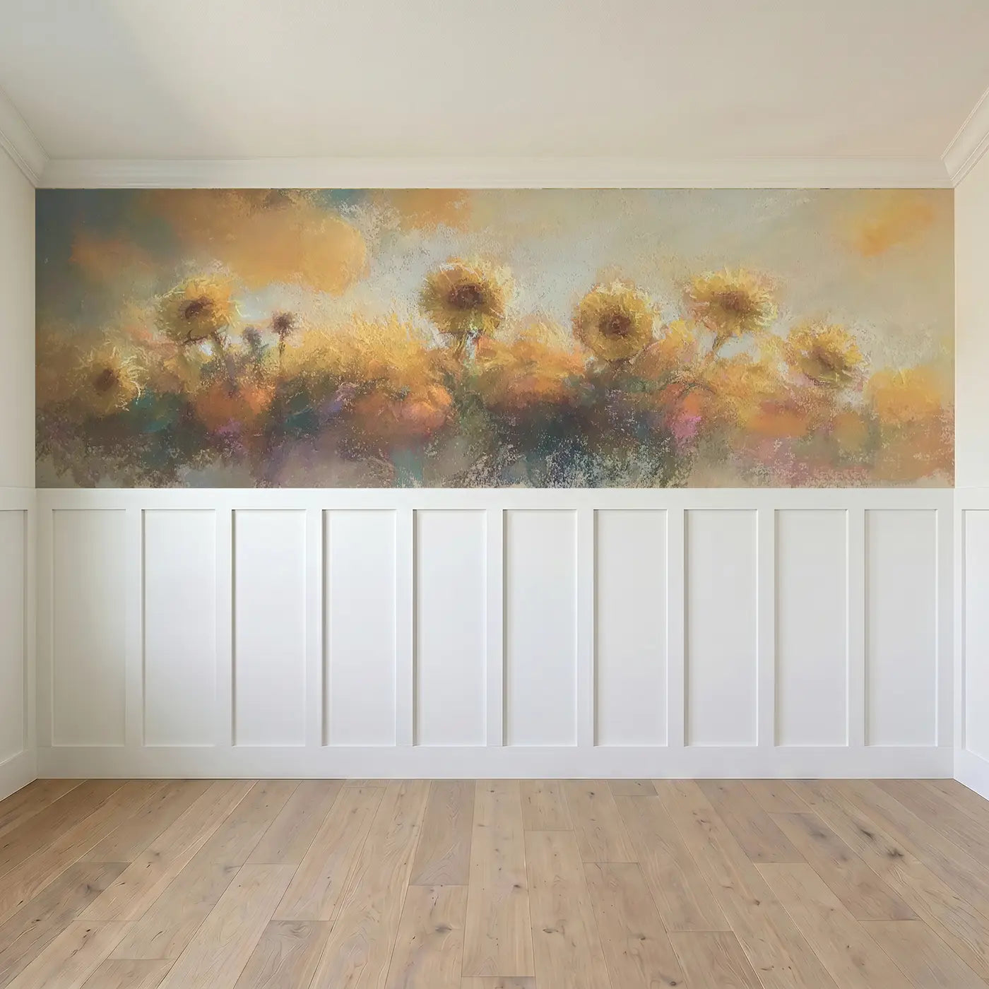 Full panel view of Chalk Autumn Harvest Glow Wainscoting Wallpaper by Whimsy Tots