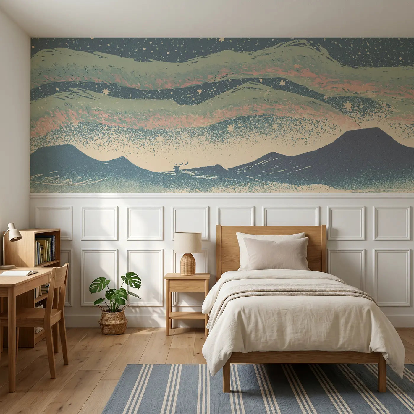 Block Print carved aurora mountain band wainscoting wallpaper for bedroom by Whimsy Tots