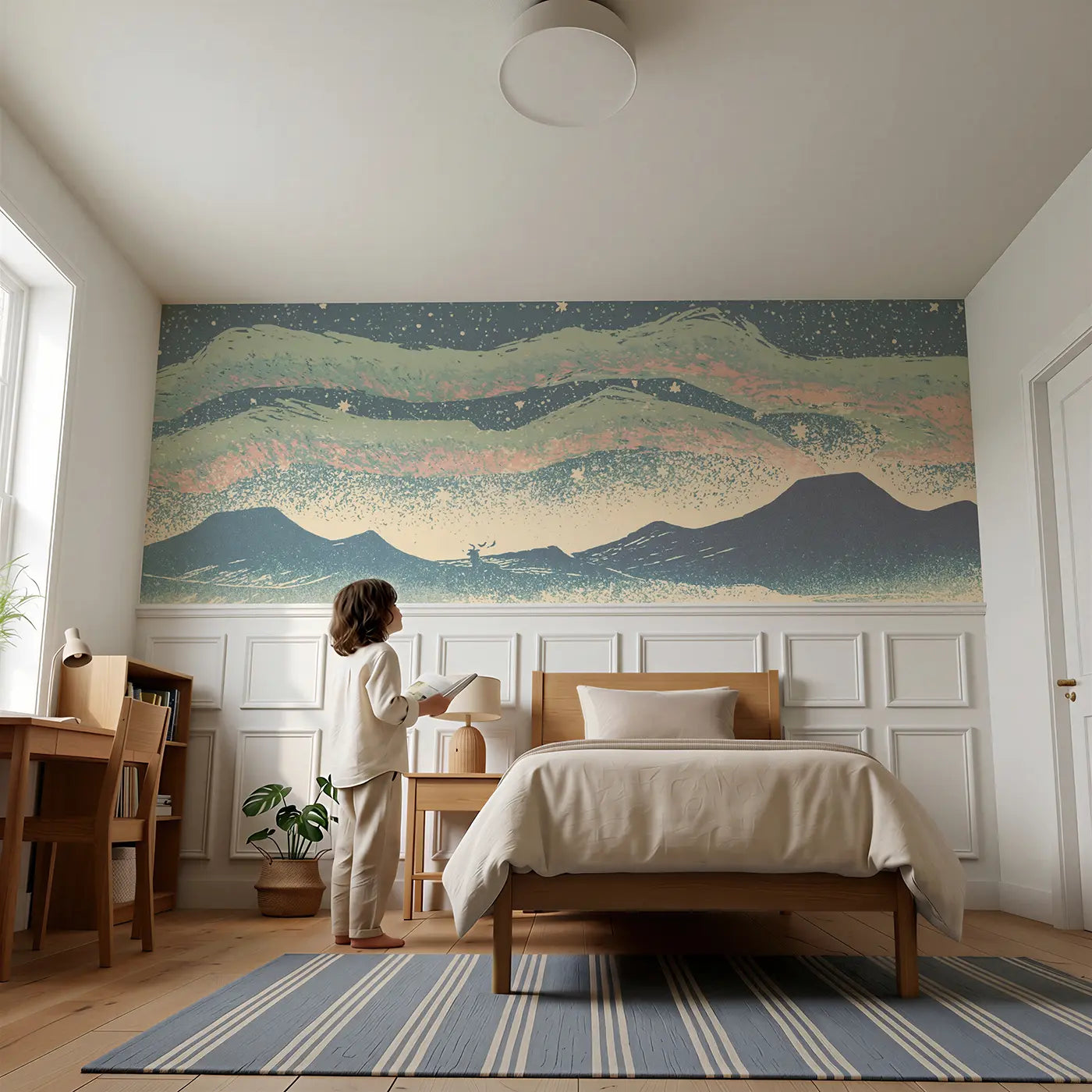 Child reading near Carved Aurora Mountain Band Wainscoting Wallpaper by Whimsy Tots
