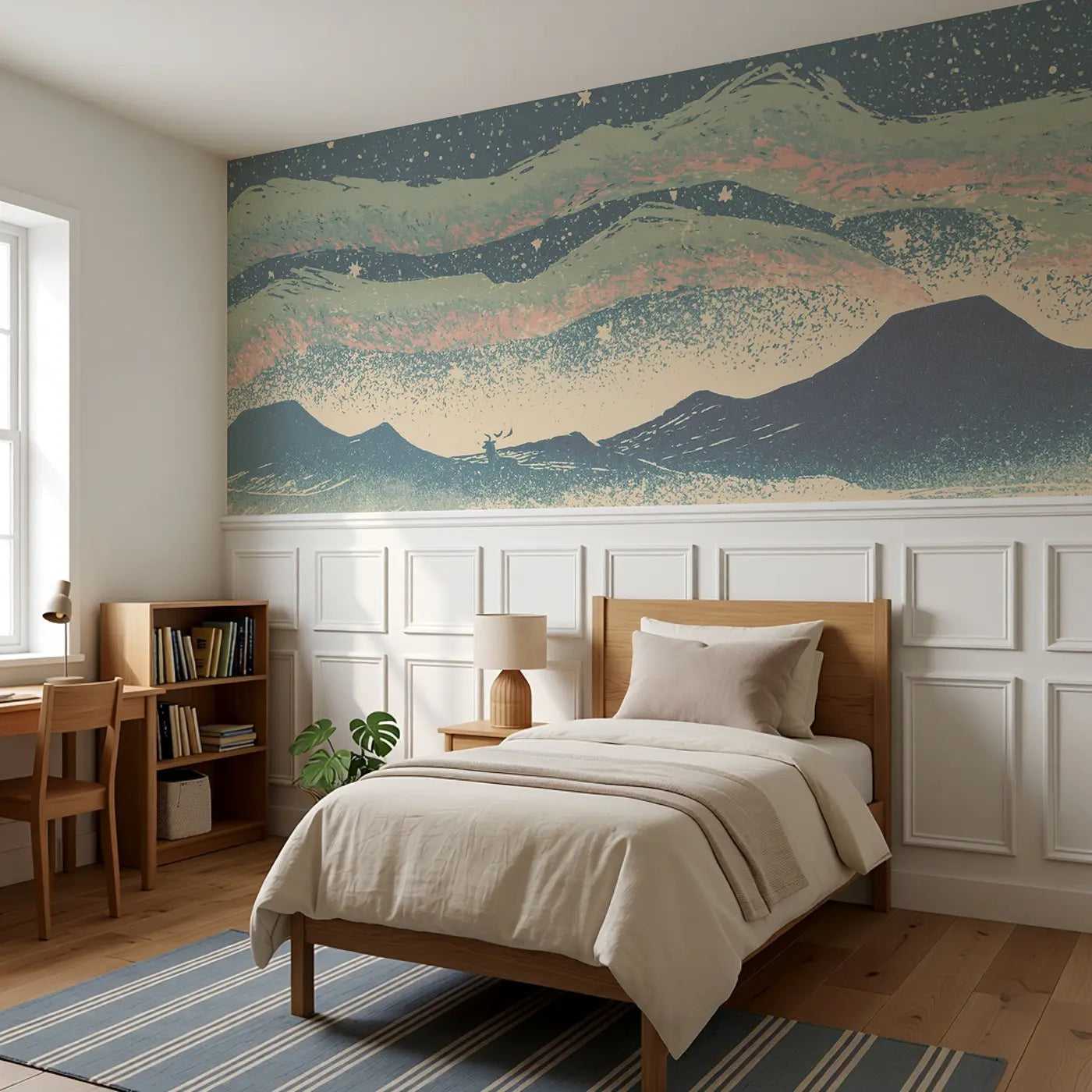 Carved Aurora Mountain Band Wainscoting Wallpaper styled in a kids bedroom by Whimsy Tots
