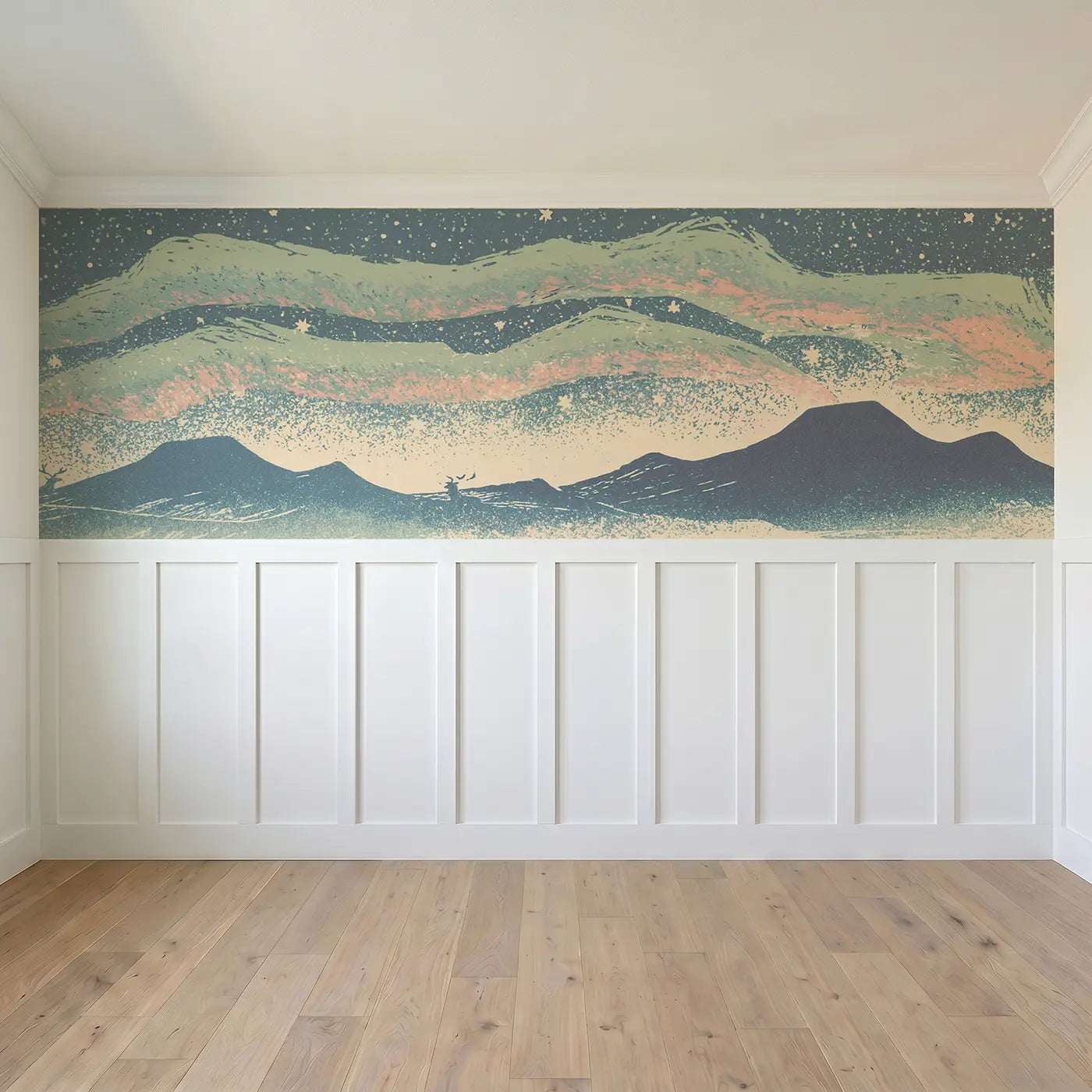 Full panel view of Carved Aurora Mountain Band Wainscoting Wallpaper by Whimsy Tots