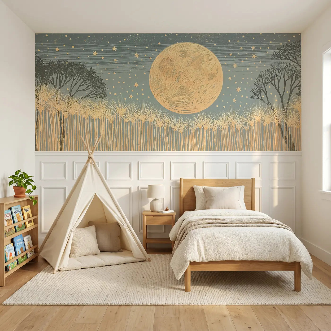Block Print harvest moon wainscoting wallpaper for bedroom by Whimsy Tots