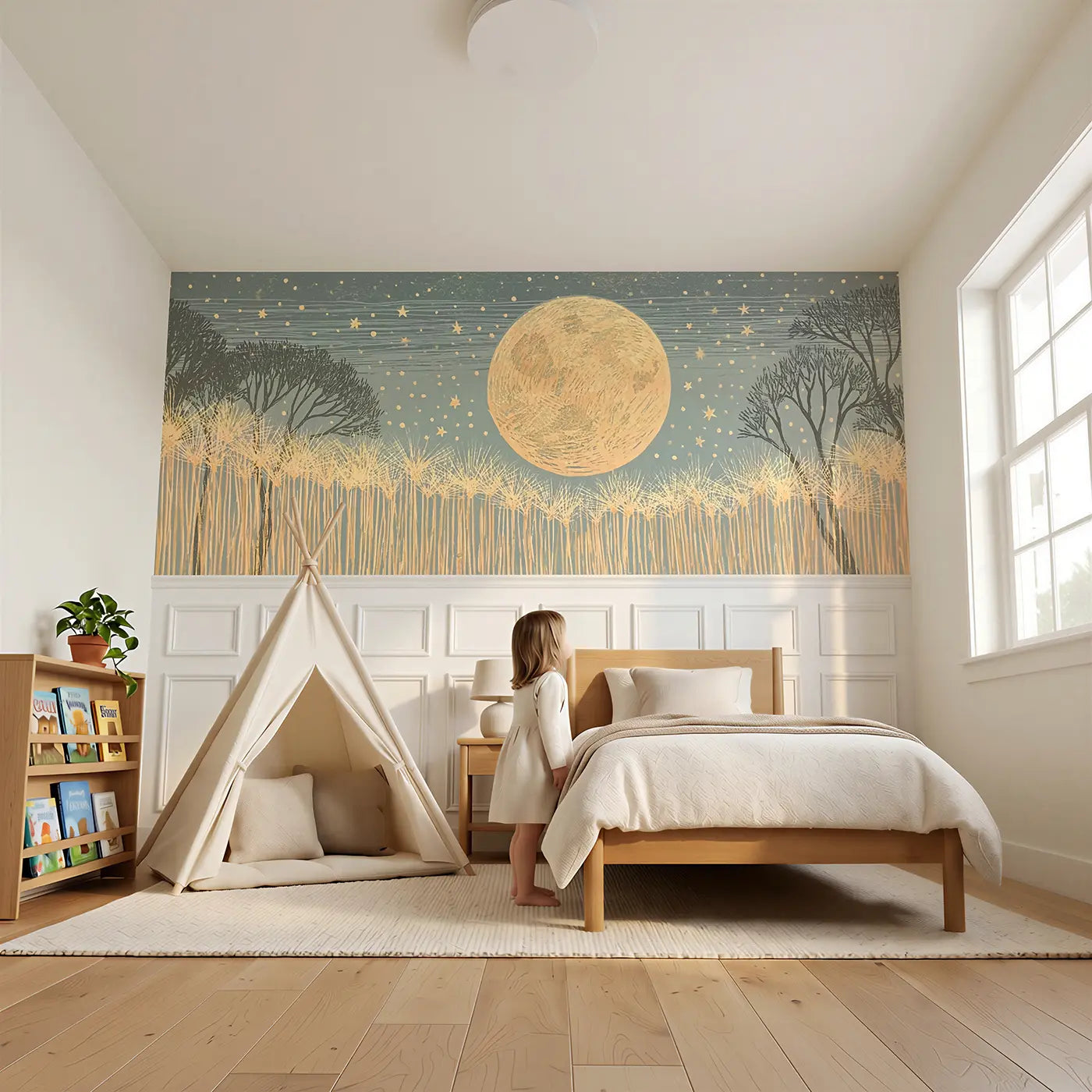 Child reading near Block Print Harvest Moon Wainscoting Wallpaper by Whimsy Tots
