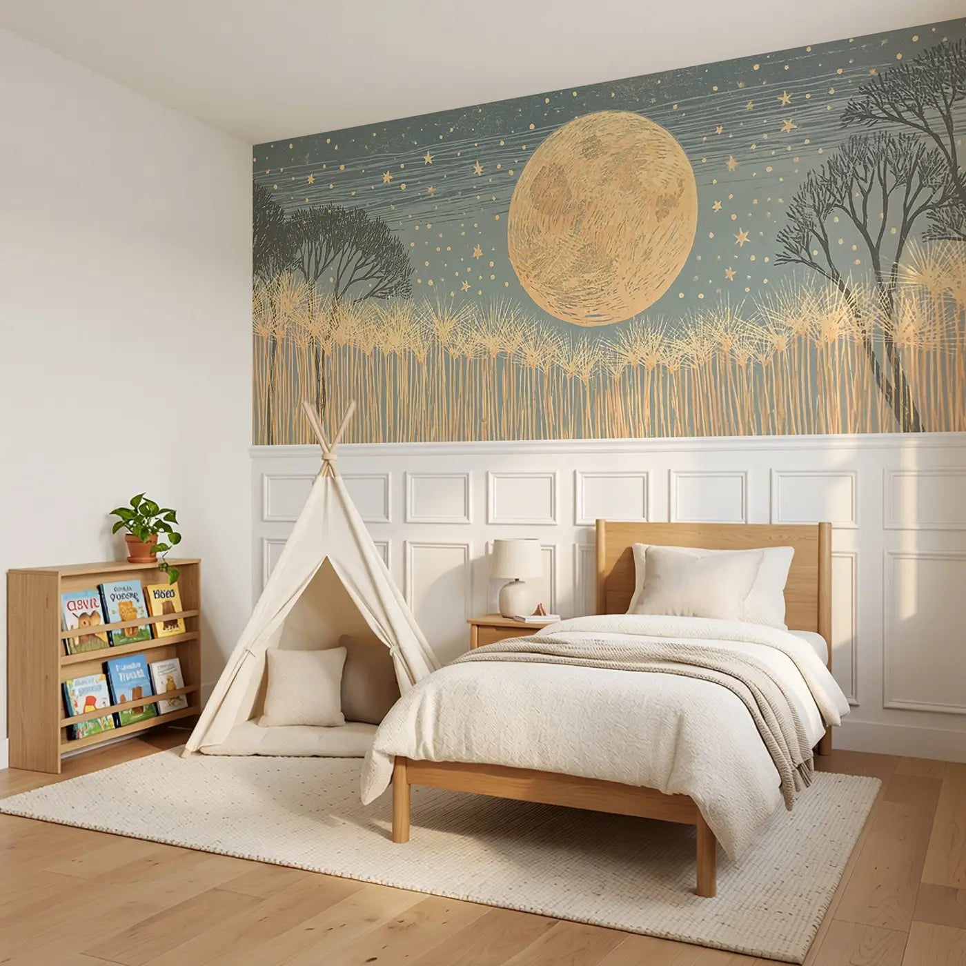 Block Print Harvest Moon Wainscoting Wallpaper styled in a kids bedroom by Whimsy Tots