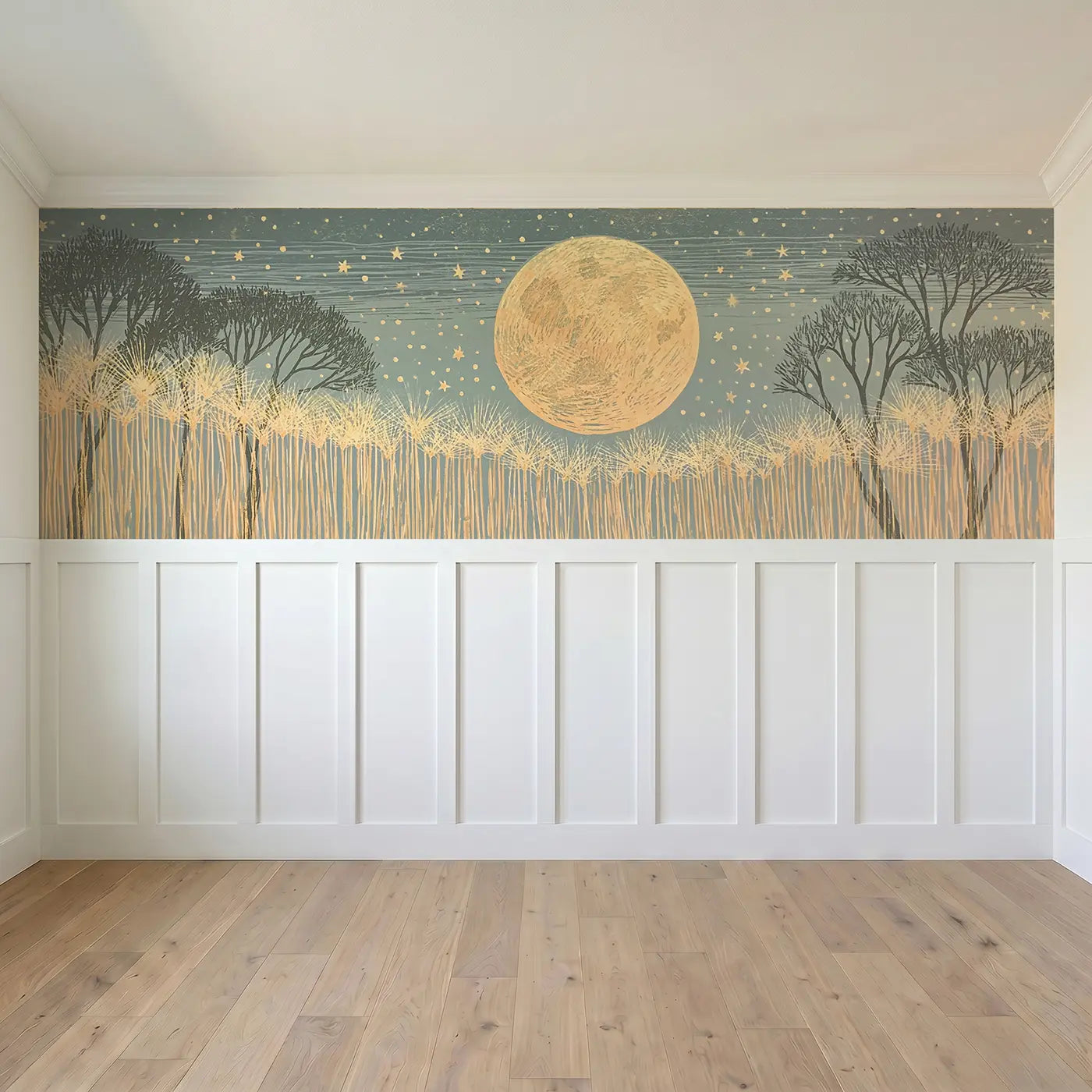 Full panel view of Block Print Harvest Moon Wainscoting Wallpaper by Whimsy Tots