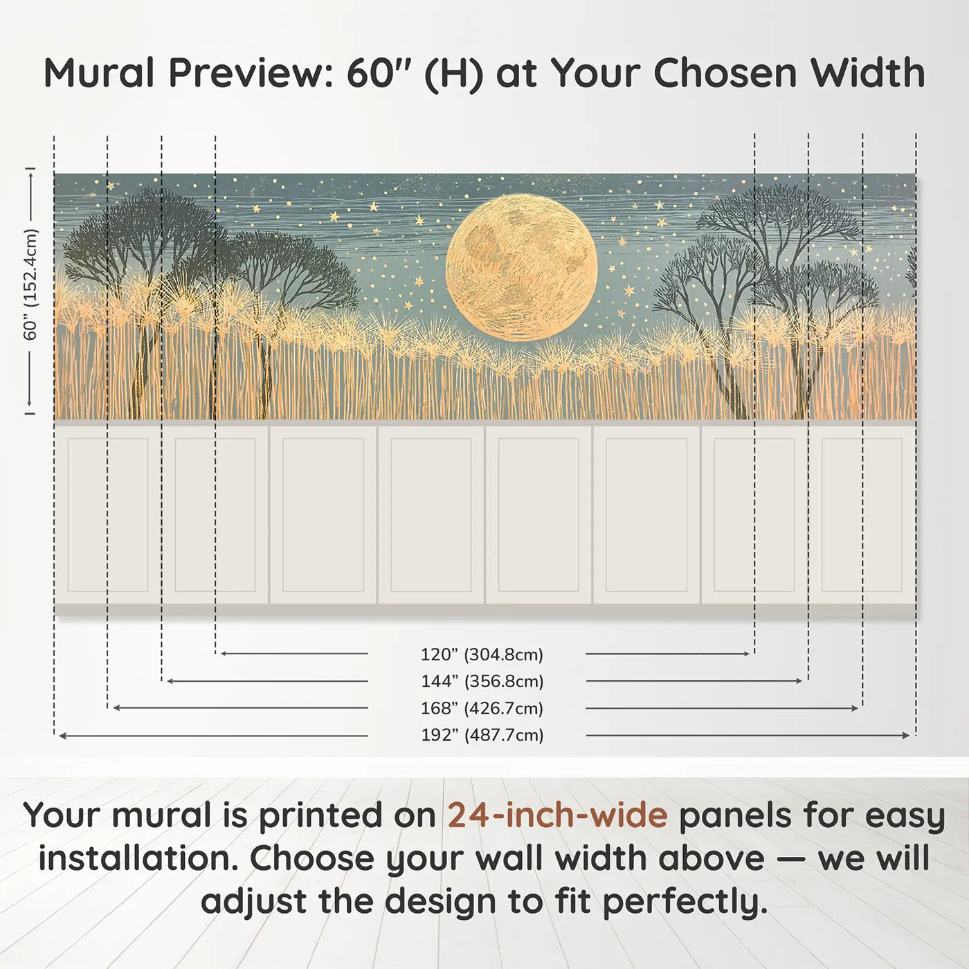 Panel dimensions for Block Print Harvest Moon Wainscoting Wallpaper by Whimsy Tots