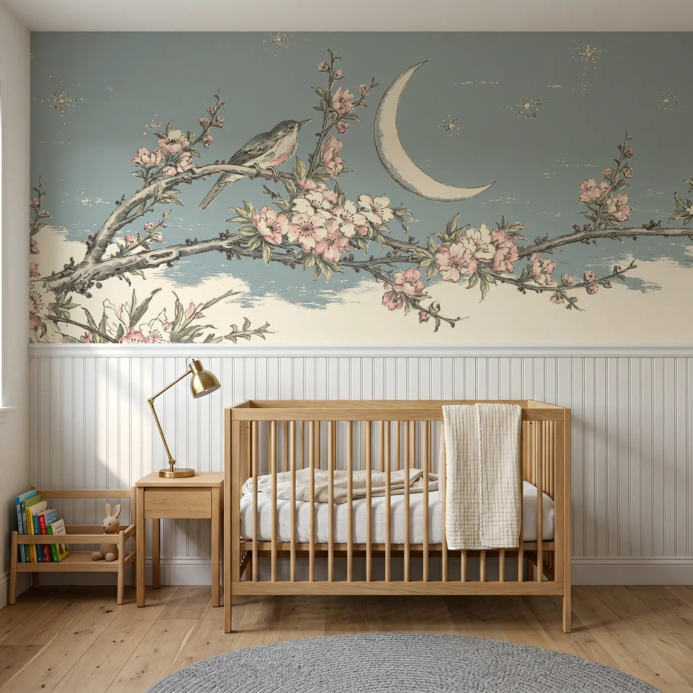 Botanical Elegance crescent moon plum branch wainscoting wallpaper for nursery by Whimsy Tots